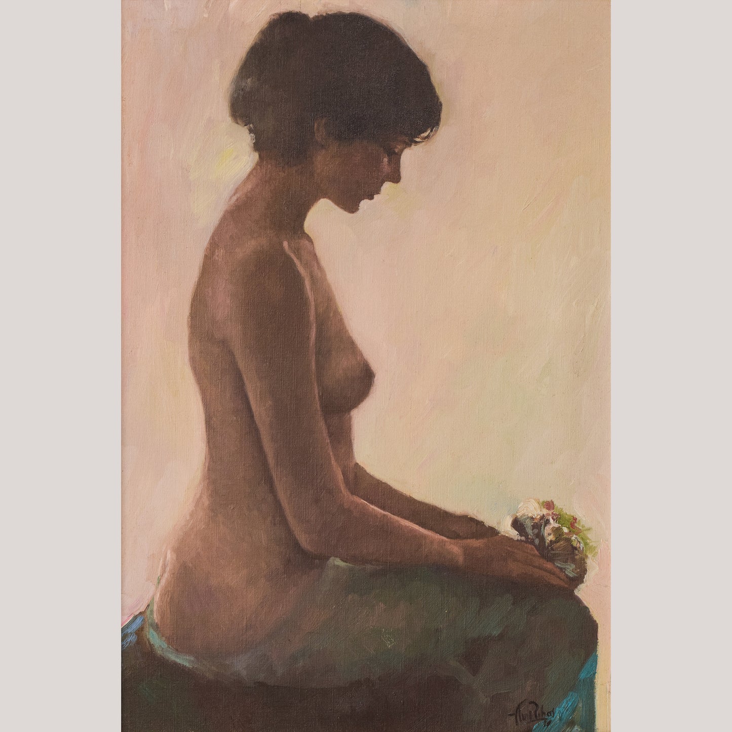 Female Nude Study with Bouquet of Flowers - Oil Painting - Modern Decorative