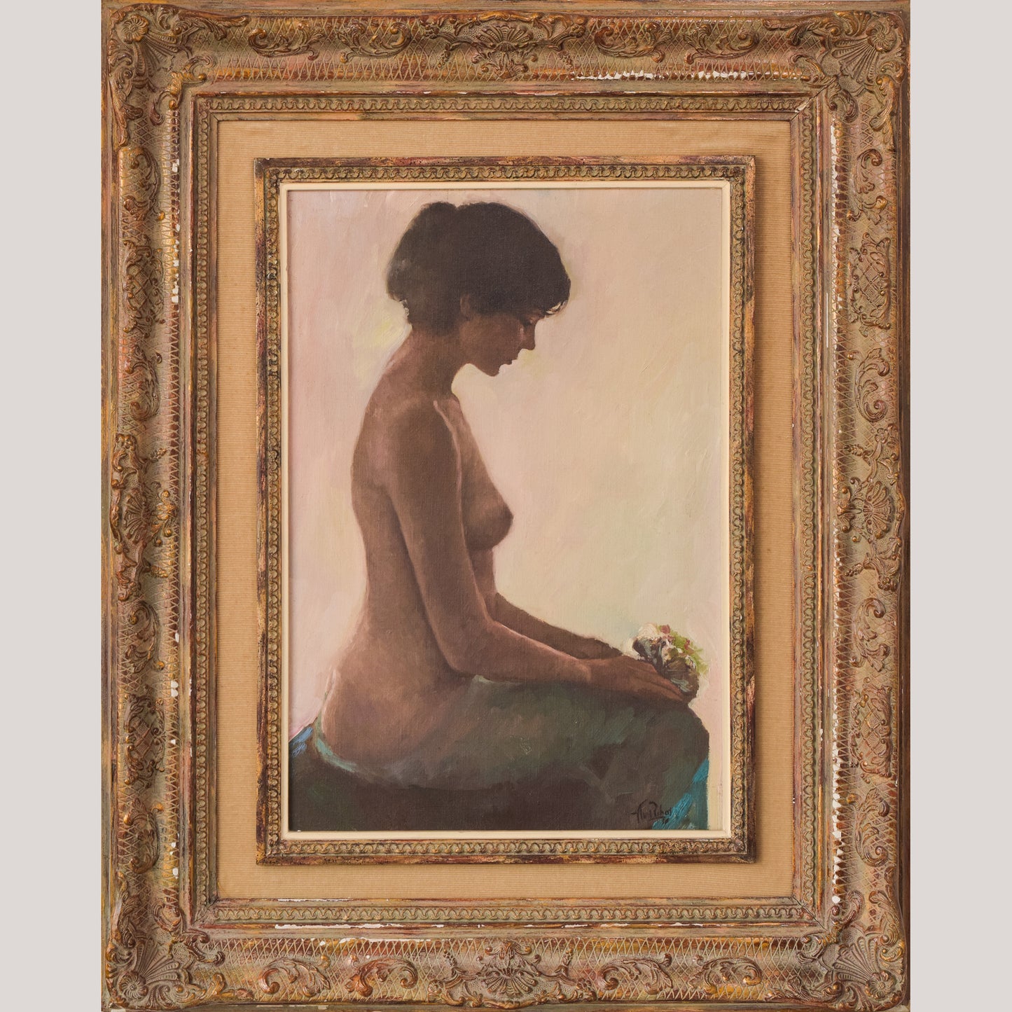 Female Nude Study with Bouquet of Flowers - Oil Painting - Modern Decorative