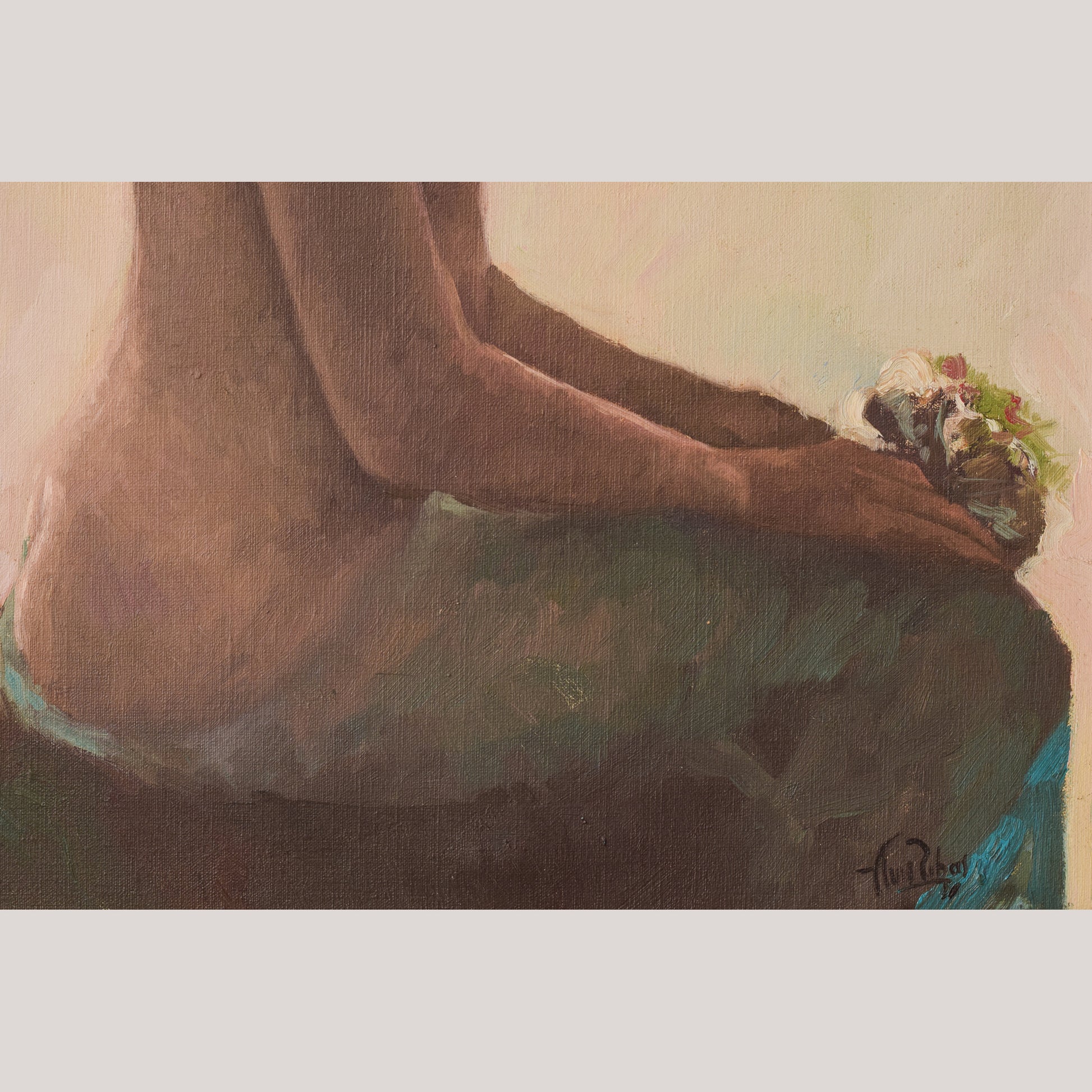 Female Nude Study with Bouquet of Flowers - Oil Painting - Modern Decorative