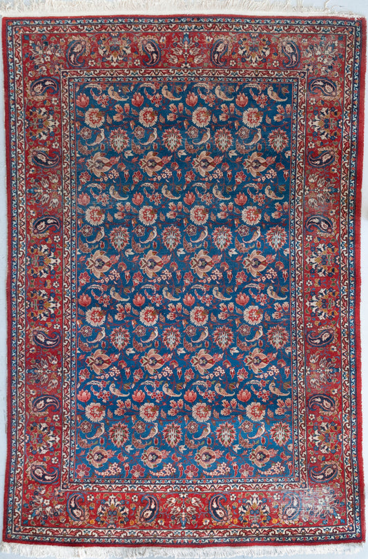 Mashhad Rug With Flowers and Birds - Large - Vintage - Modern Decorative