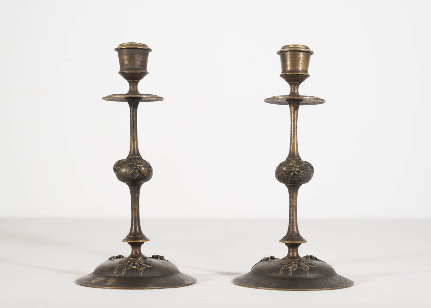 Follower of Tiffany & Co.: Art Nouveau Bronze Candlesticks with insects