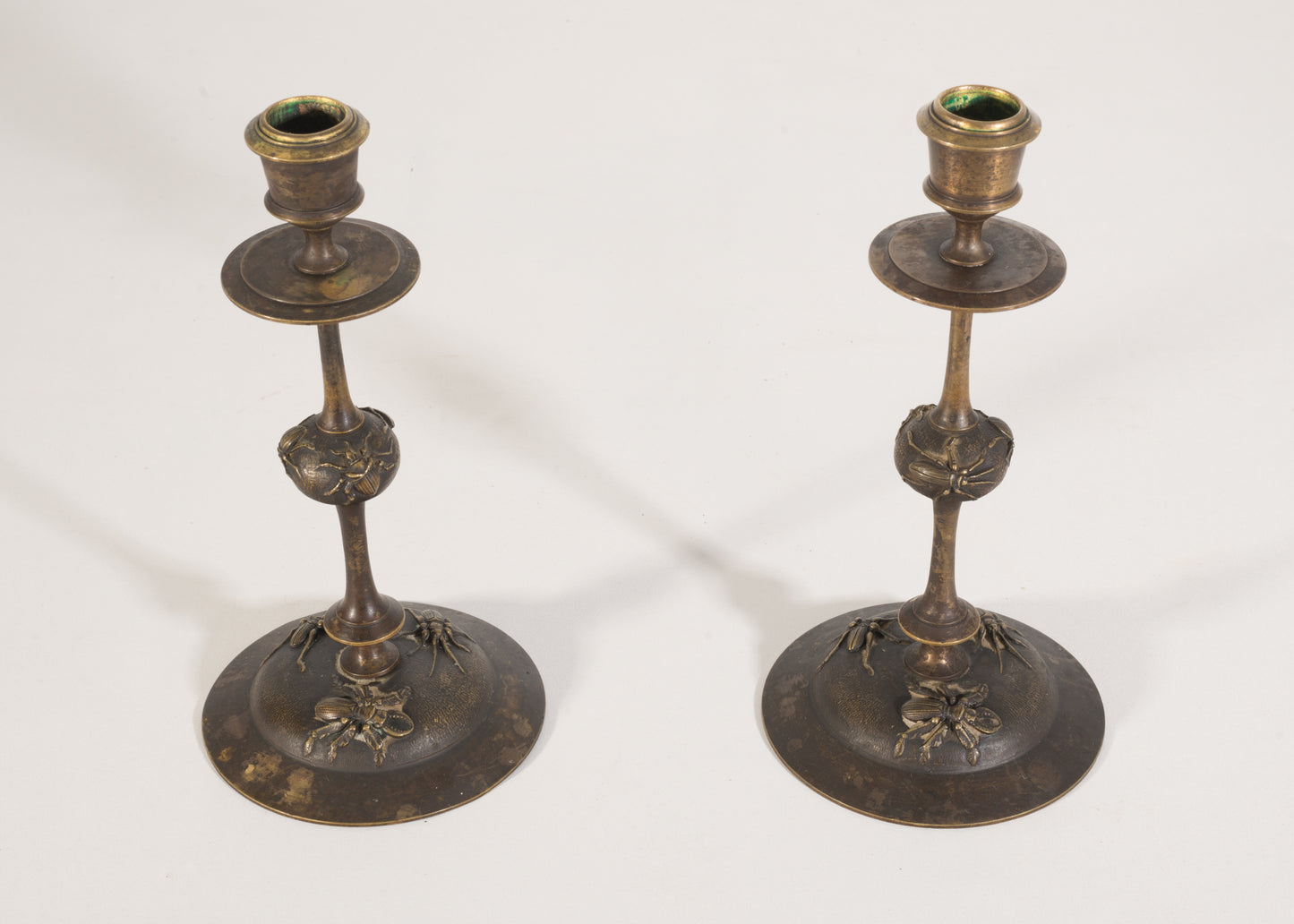 Follower of Tiffany & Co.: Art Nouveau Bronze Candlesticks with insects