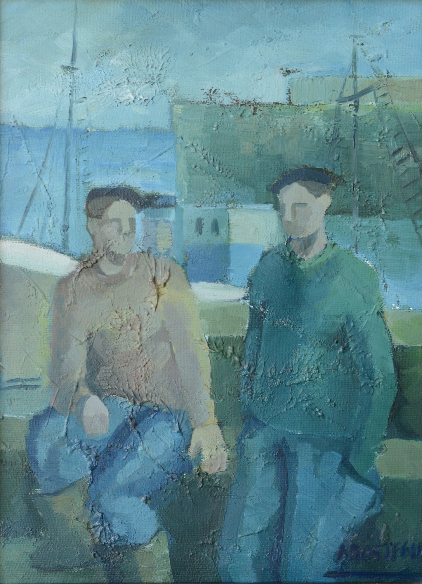 TWO FISHERMEN - CUBIST INFLUENCED OIL - Jose Ramon Arostegui - Modern Decorative