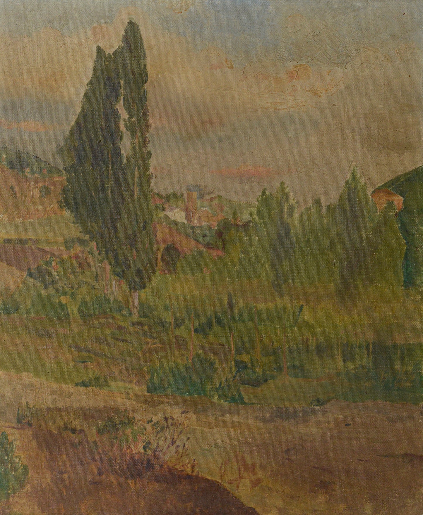 Framed impressionist landscape with Popular Trees