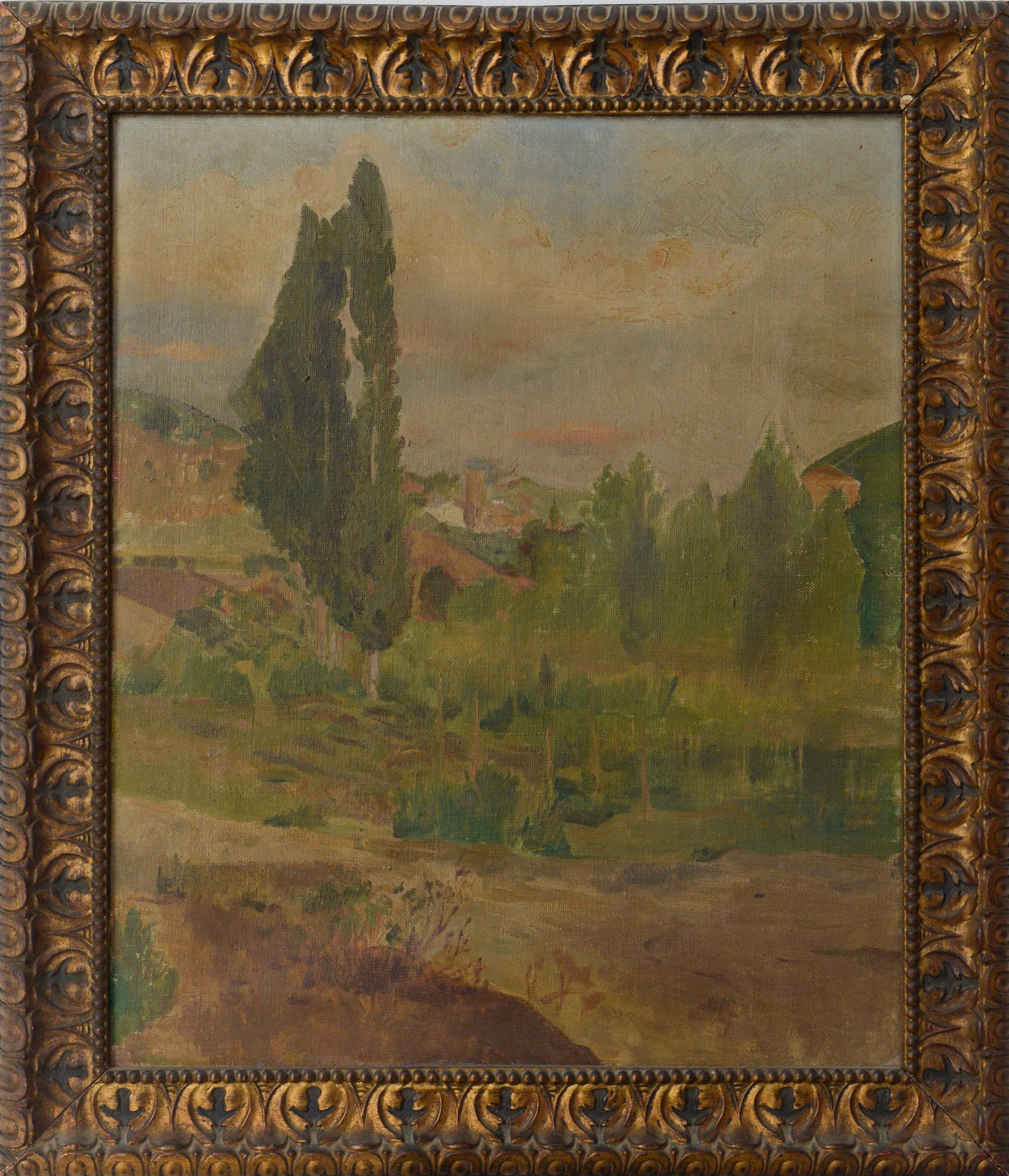 Framed impressionist landscape with Popular Trees