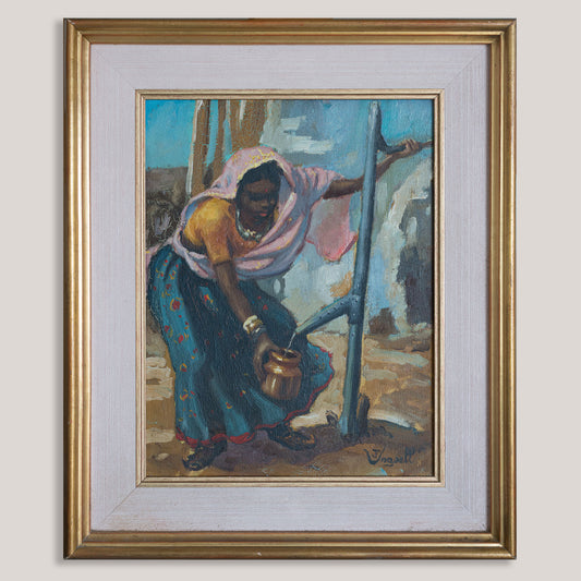 Vintage Oil Painting of a African Woman Drawing Water, Signed