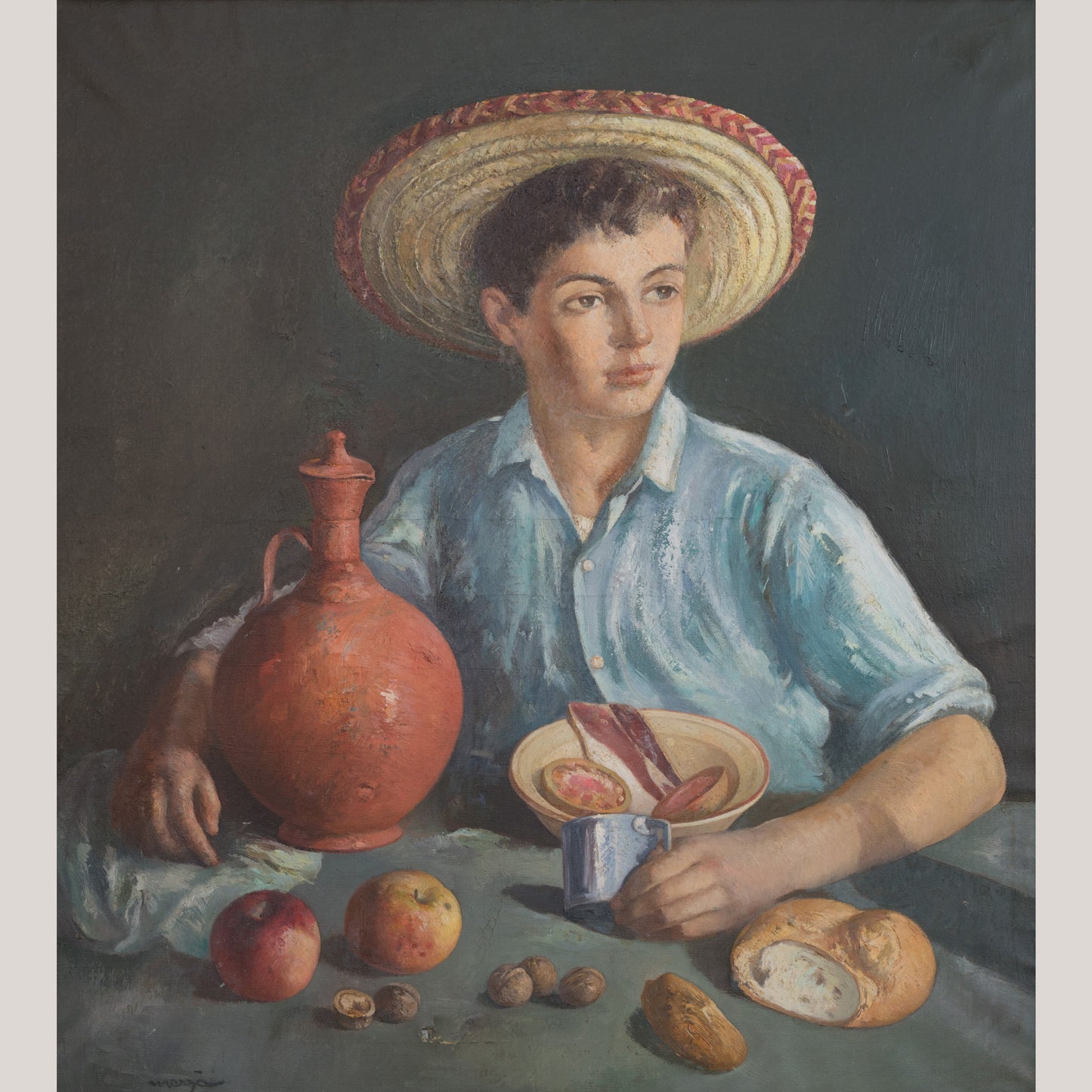 Boy with breakfast - Signed "Marià" - Oil on Canvas - Modern Decorative