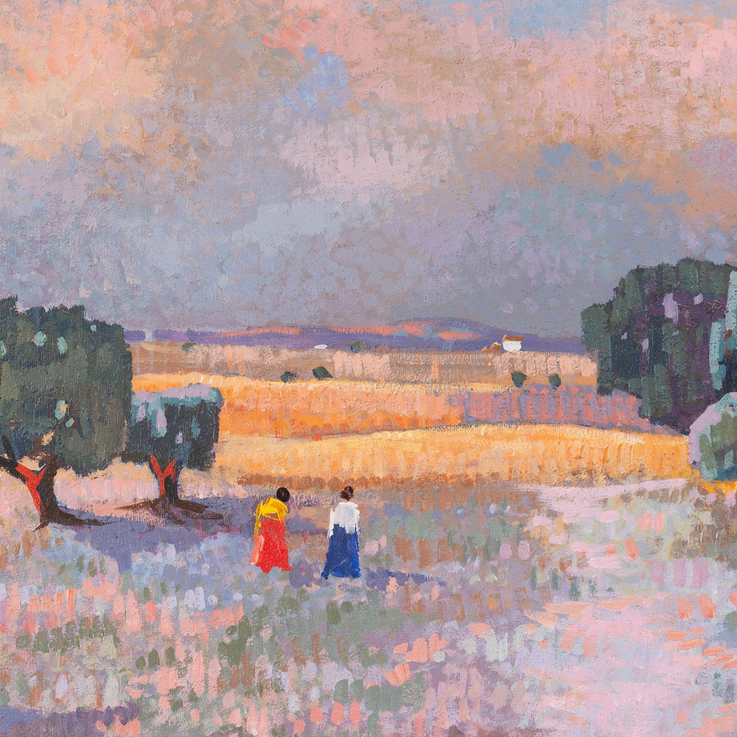 Pointilist Landscape Oil Painting - Twilight Stroll through the Olive Grove - Modern Decorative