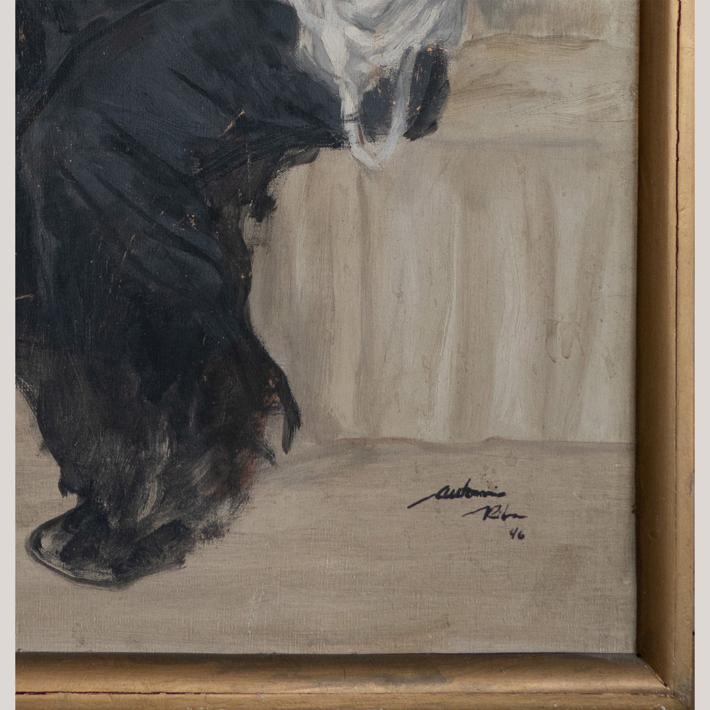 Seated Woman Offering Fruit – Oil Painting by Antonio Riba (1946)