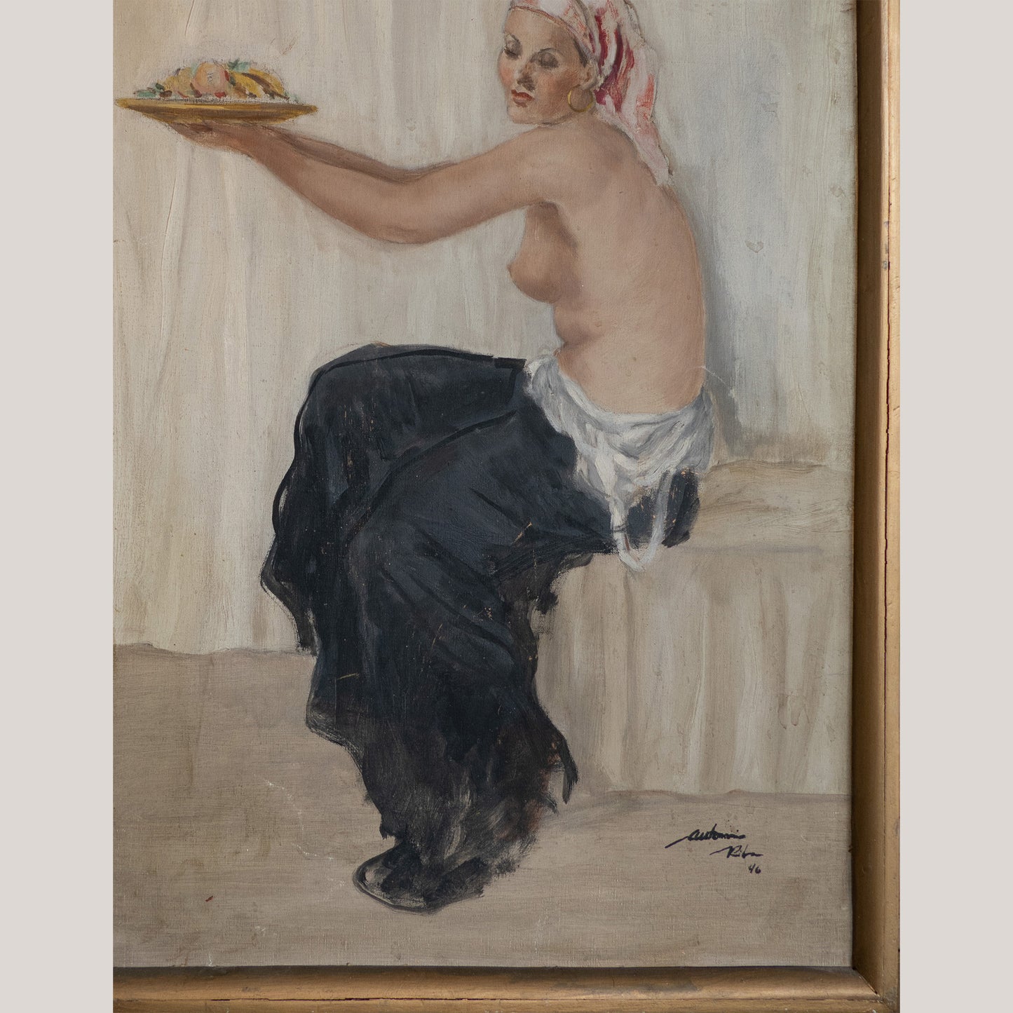 Seated Woman Offering Fruit – Oil Painting by Antonio Riba (1946)