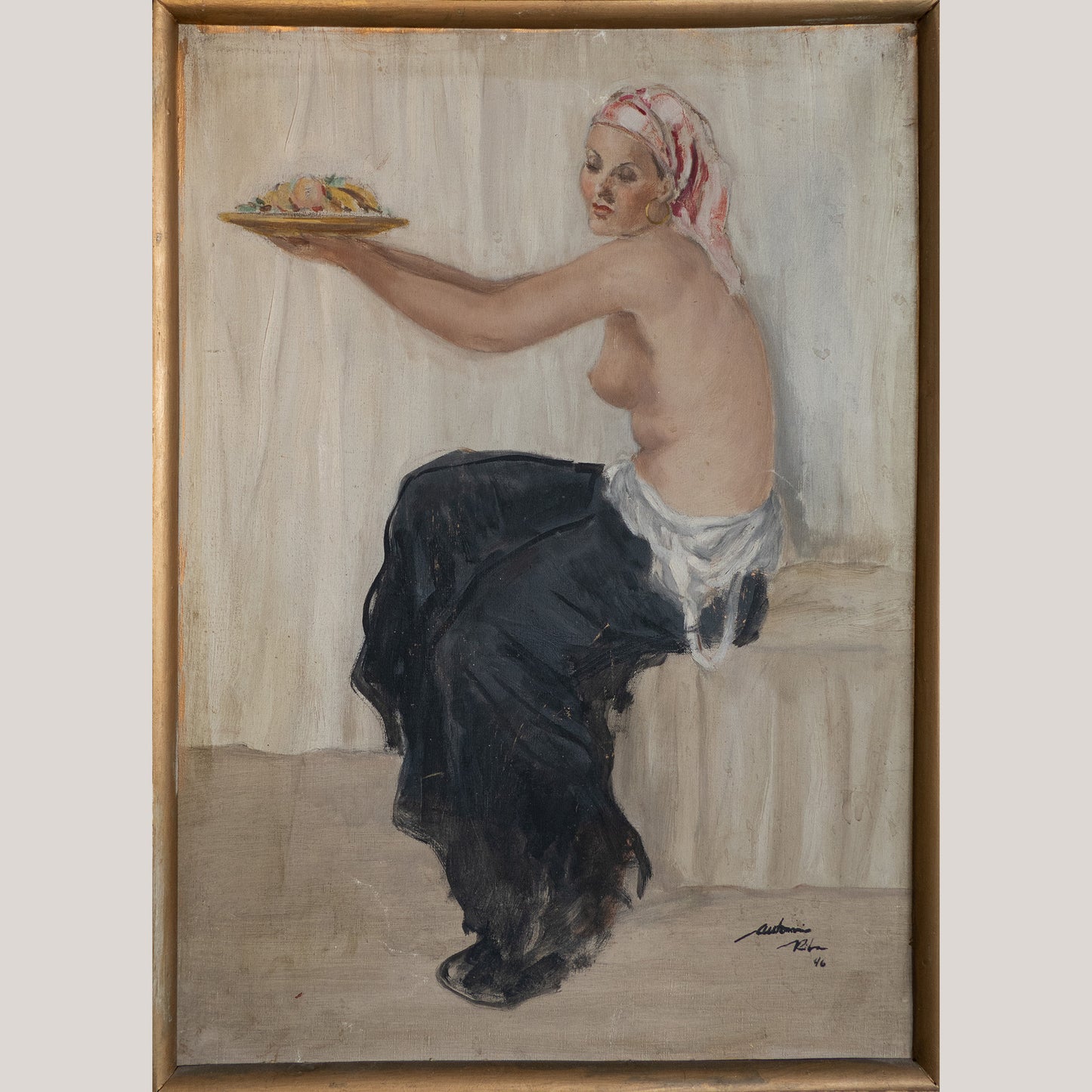 Seated Woman Offering Fruit – Oil Painting by Antonio Riba (1946)