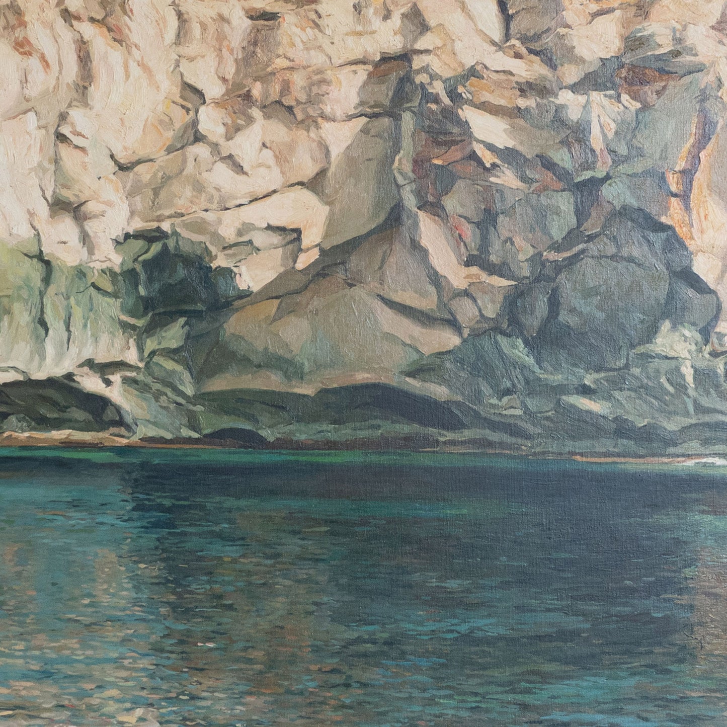 Rocky Coastline & Shimmering Water – Ferran Martí, Oil on Canvas