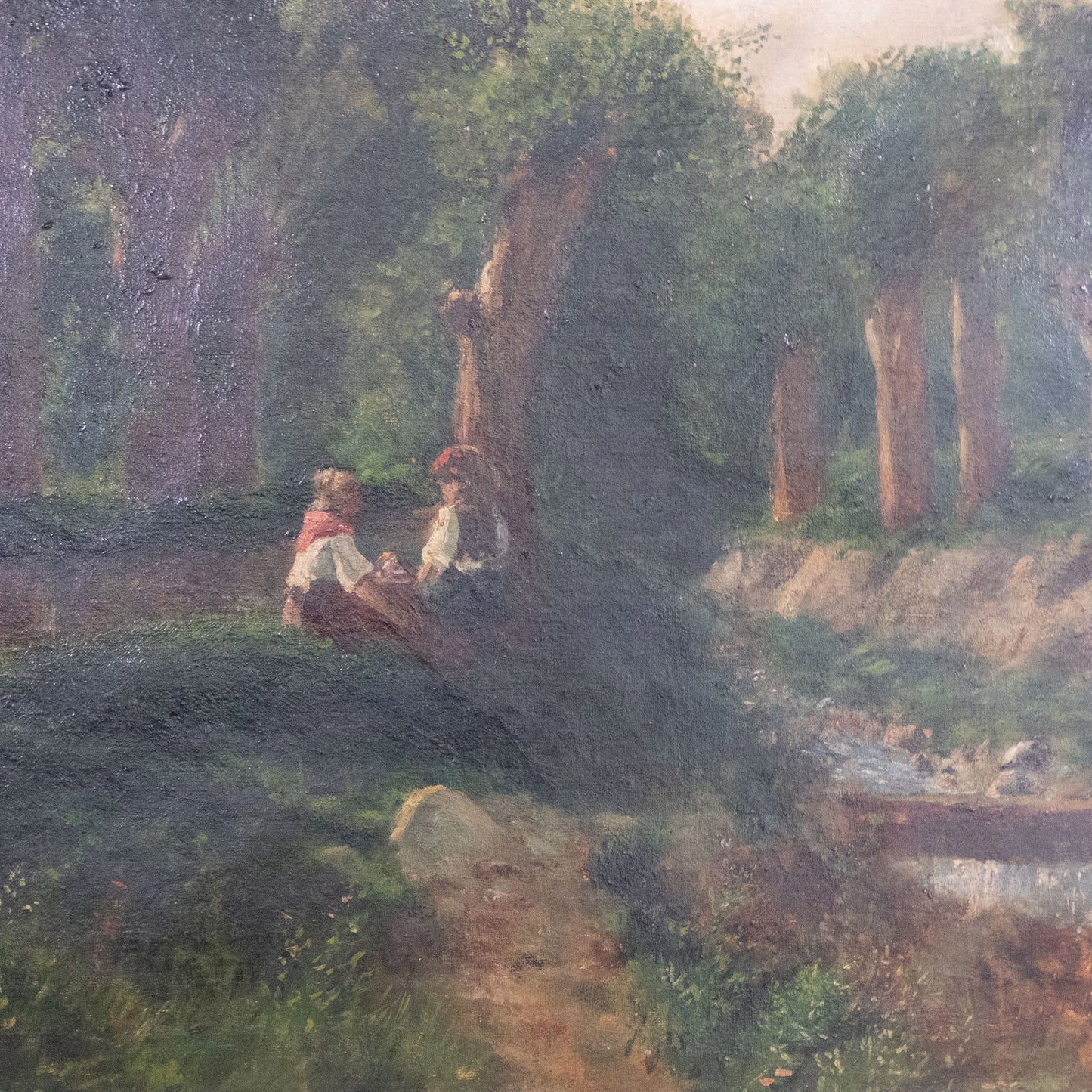 Pastoral Riverbank Scene – Signed 19th Century Oil Framed on Canvas