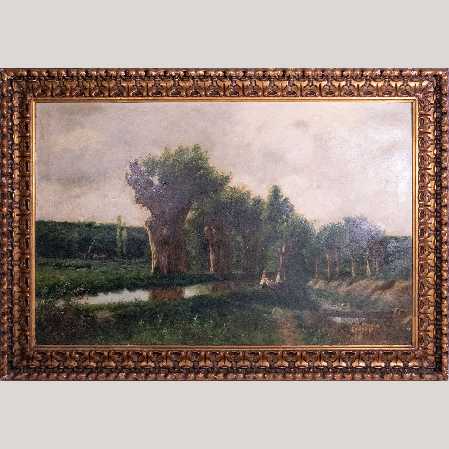 Pastoral Riverbank Scene – Signed 19th Century Oil Framed on Canvas