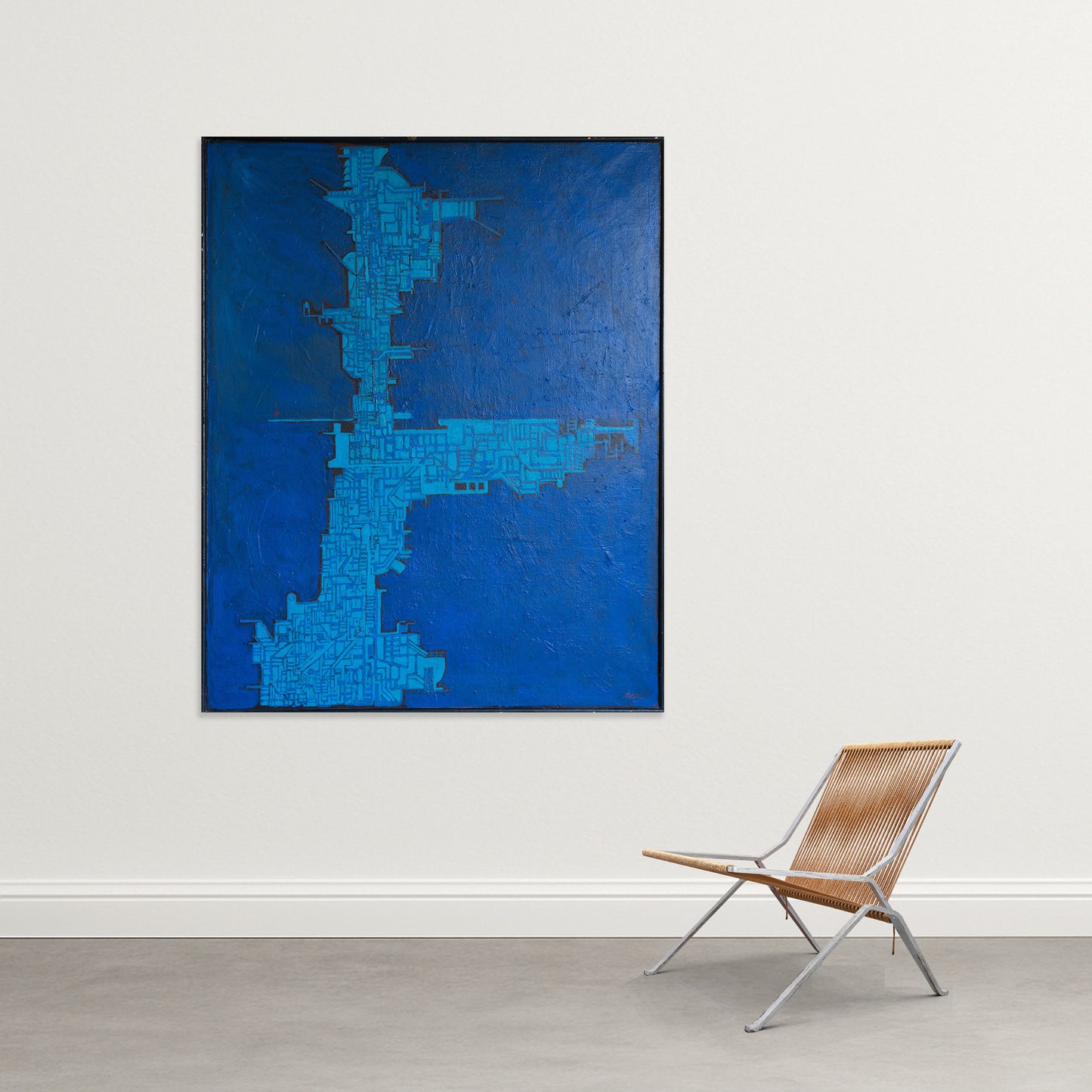 Blue Abstract Geometric Composition – 19th Century Oil on Canvas by Cellos