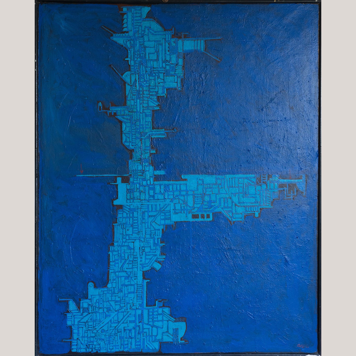 Blue Abstract Geometric Composition – 19th Century Oil on Canvas by Cellos