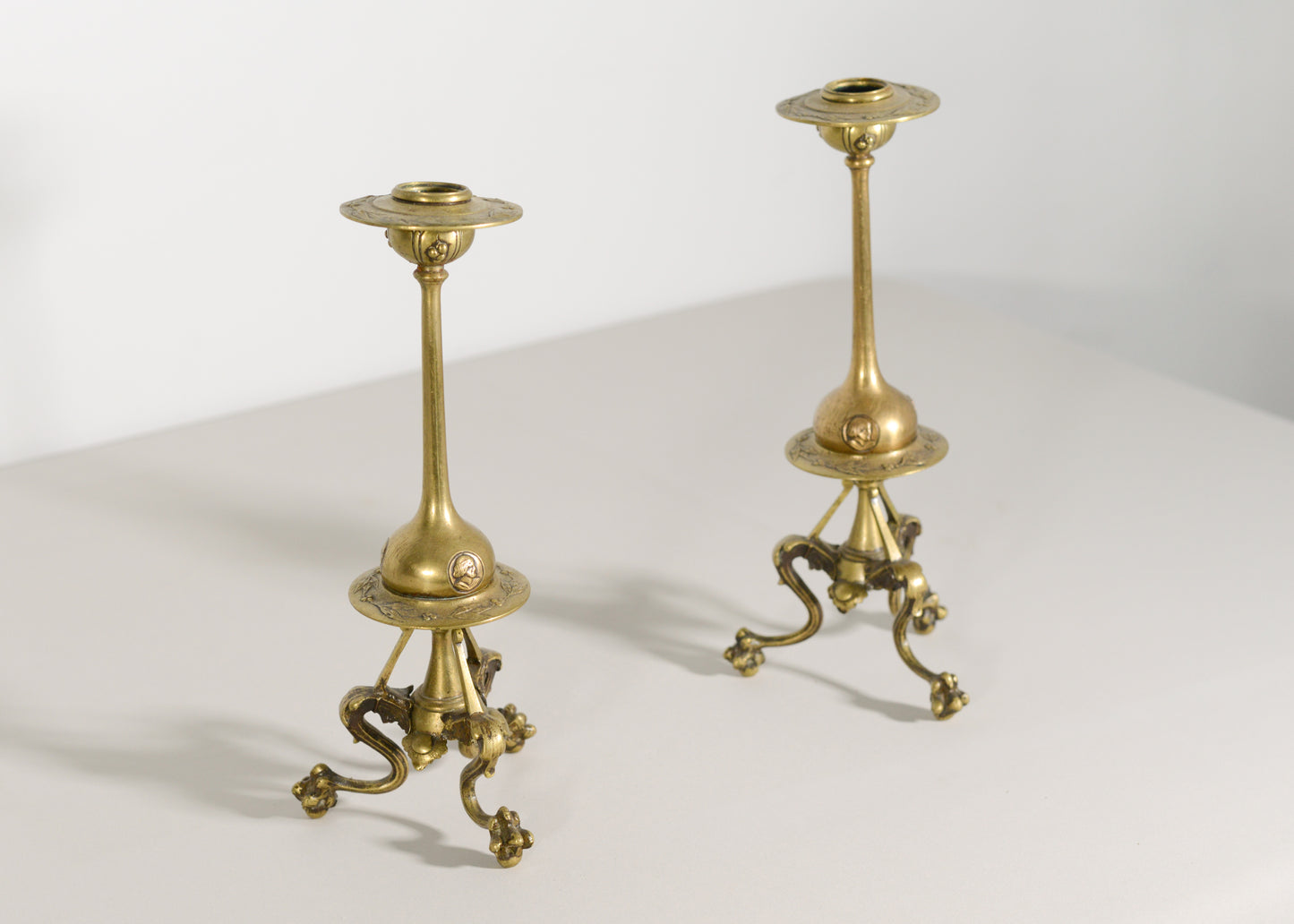 Pair of Gothic Influenced Art Nouveau Brass Candlesticks - Modern Decorative