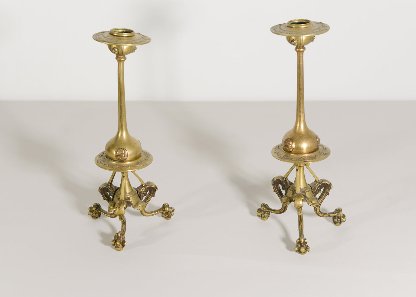Pair of Gothic Influenced Art Nouveau Brass Candlesticks - Modern Decorative