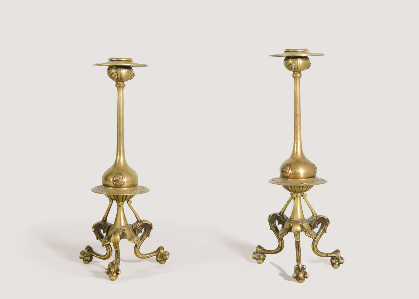 Pair of Gothic Influenced Art Nouveau Brass Candlesticks