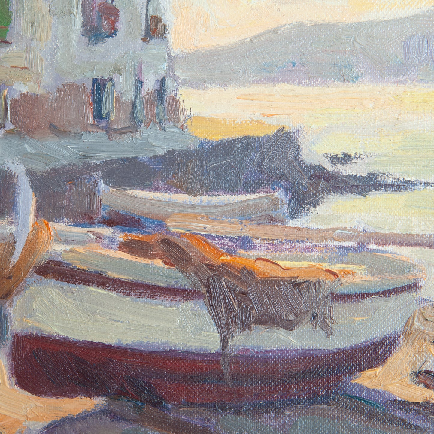 Boats on the Shore, Catalonia – Post-Impressionist Oil - Signed R. Sans