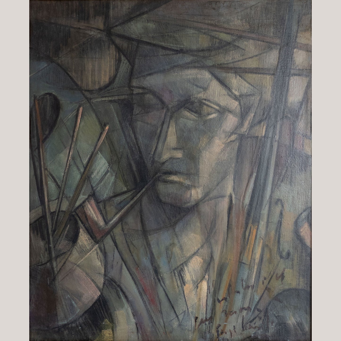 "The Artist and His World” – Mid-Century Cubist Oil Painting
