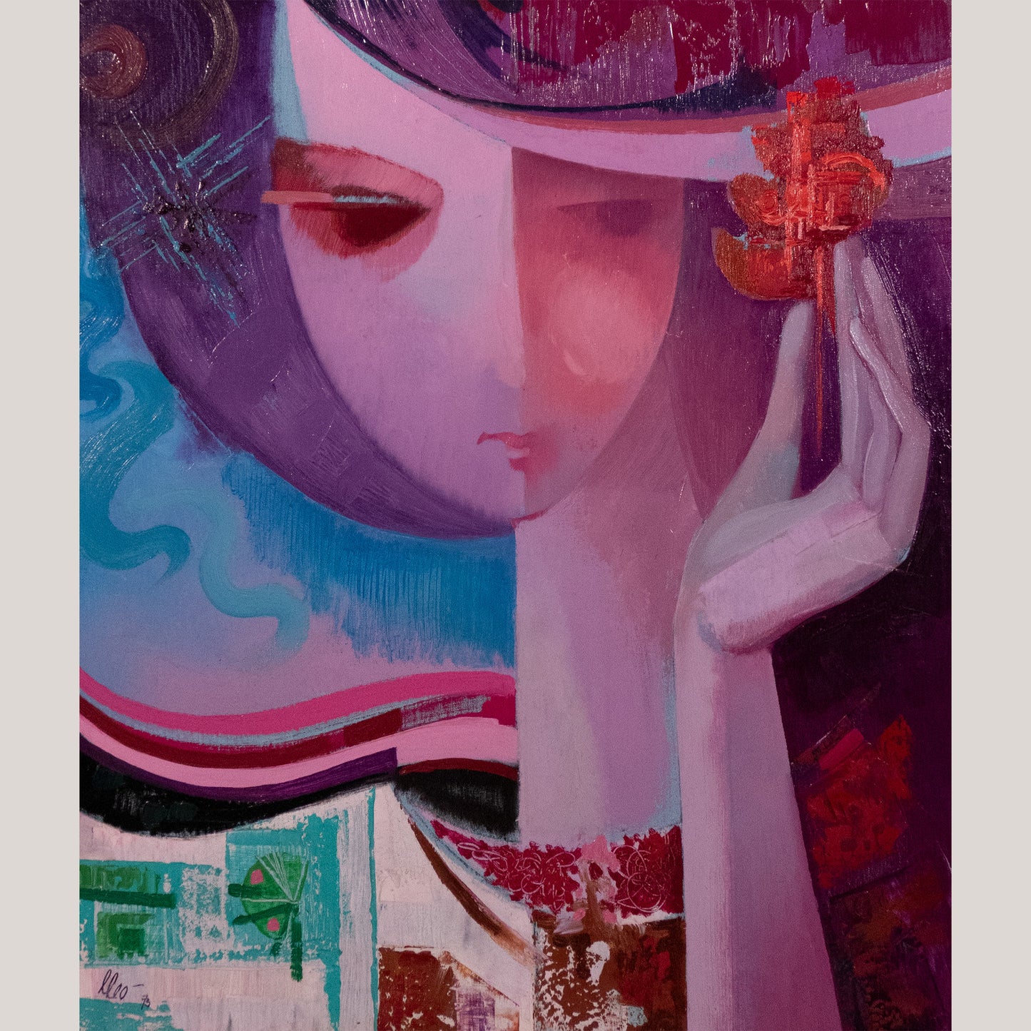 Mid-Century Stylised Female Portraits – Pair of Oil Paintings by Lleo