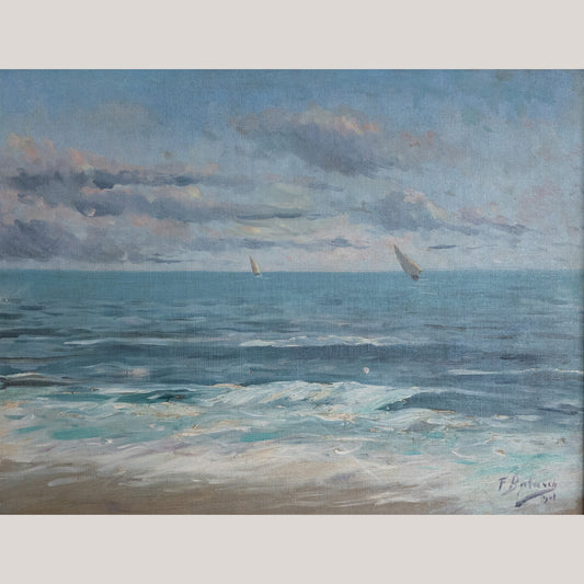 Impressionist Seascape with Sailboats – Oil on Canvas, Signed