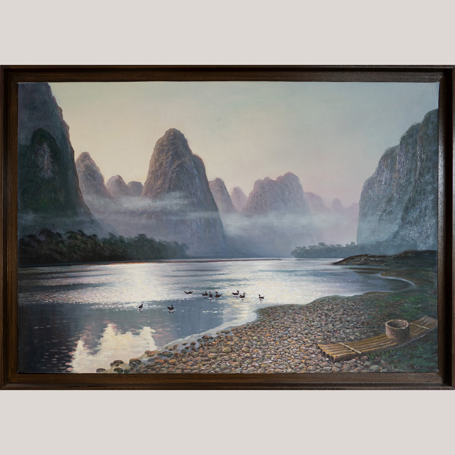 Tranquil Dawn on the Li River – Misty Karst Mountains – Oil on Canvas
