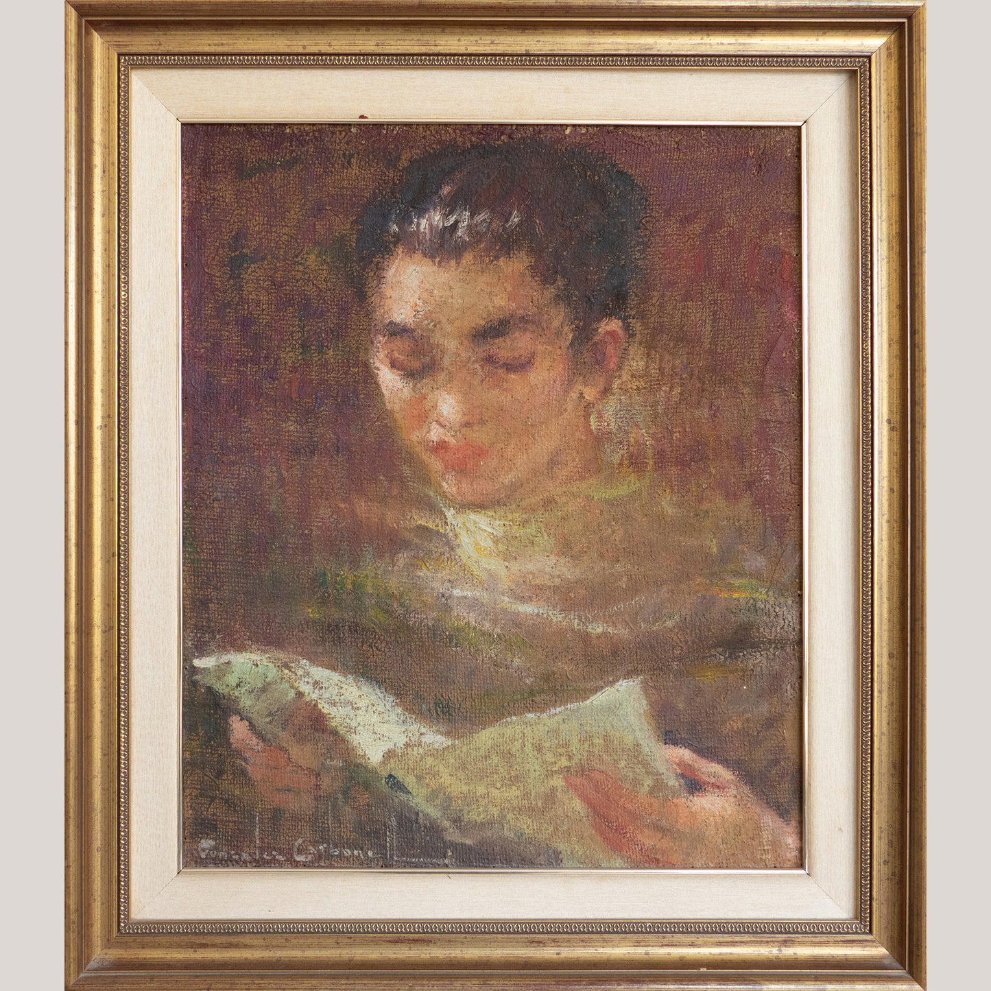 Vintage Portrait of a Choir Girl Reading – Oil Painting by Carbonell González