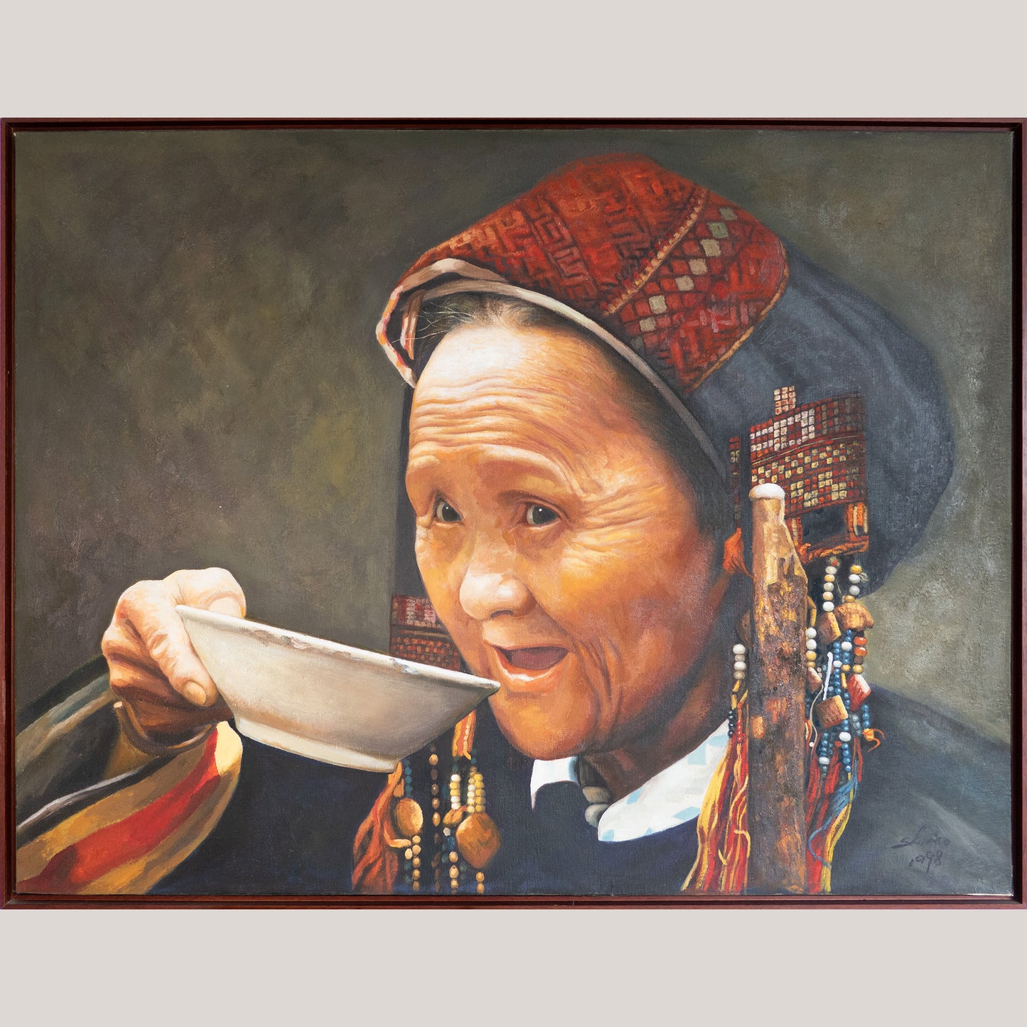 Portrait of a Tribal Woman Drinking Tea - Oil on Canvas