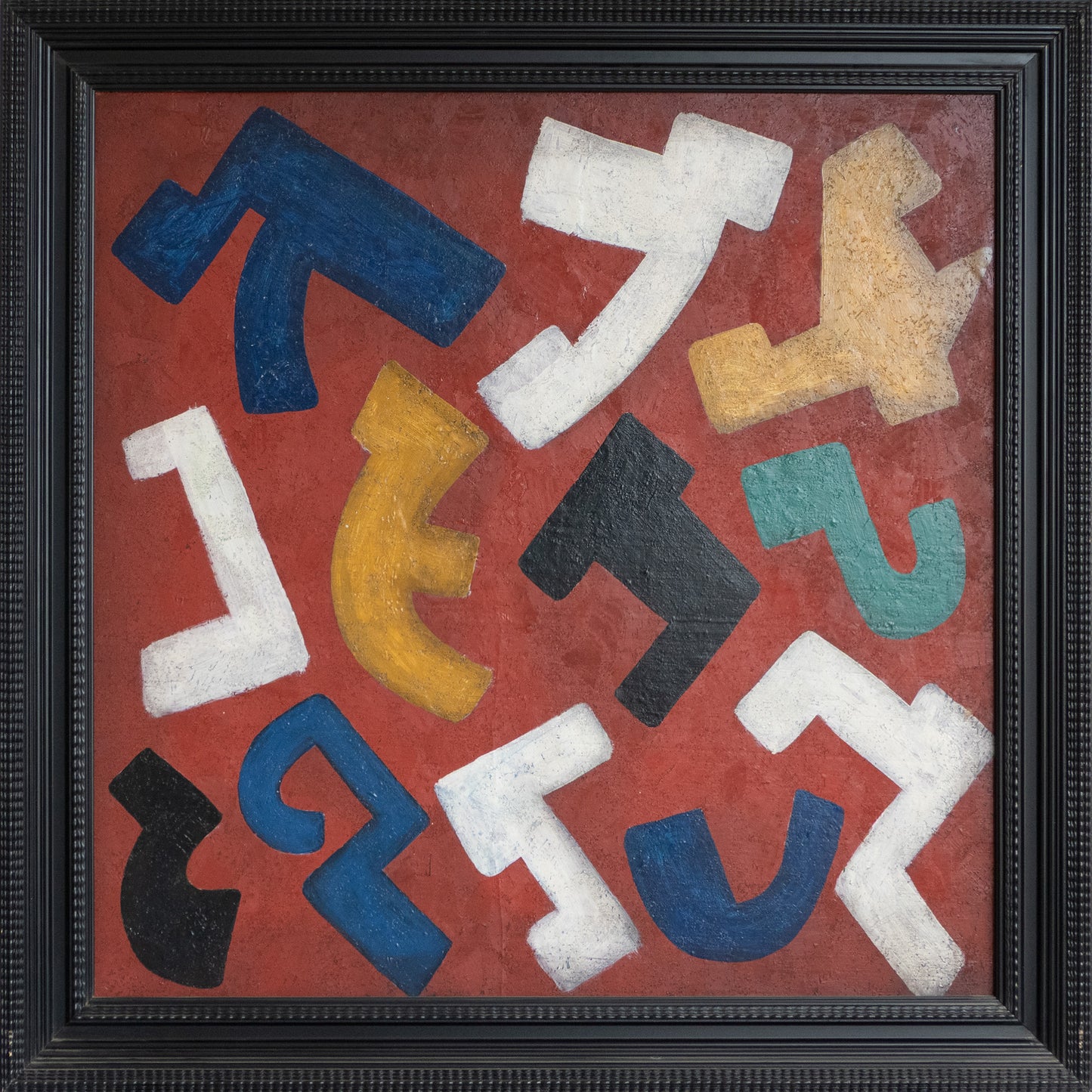 Constructive Rhythms on Red – Abstract Oil by Manuel Rufi Gibert (1931)