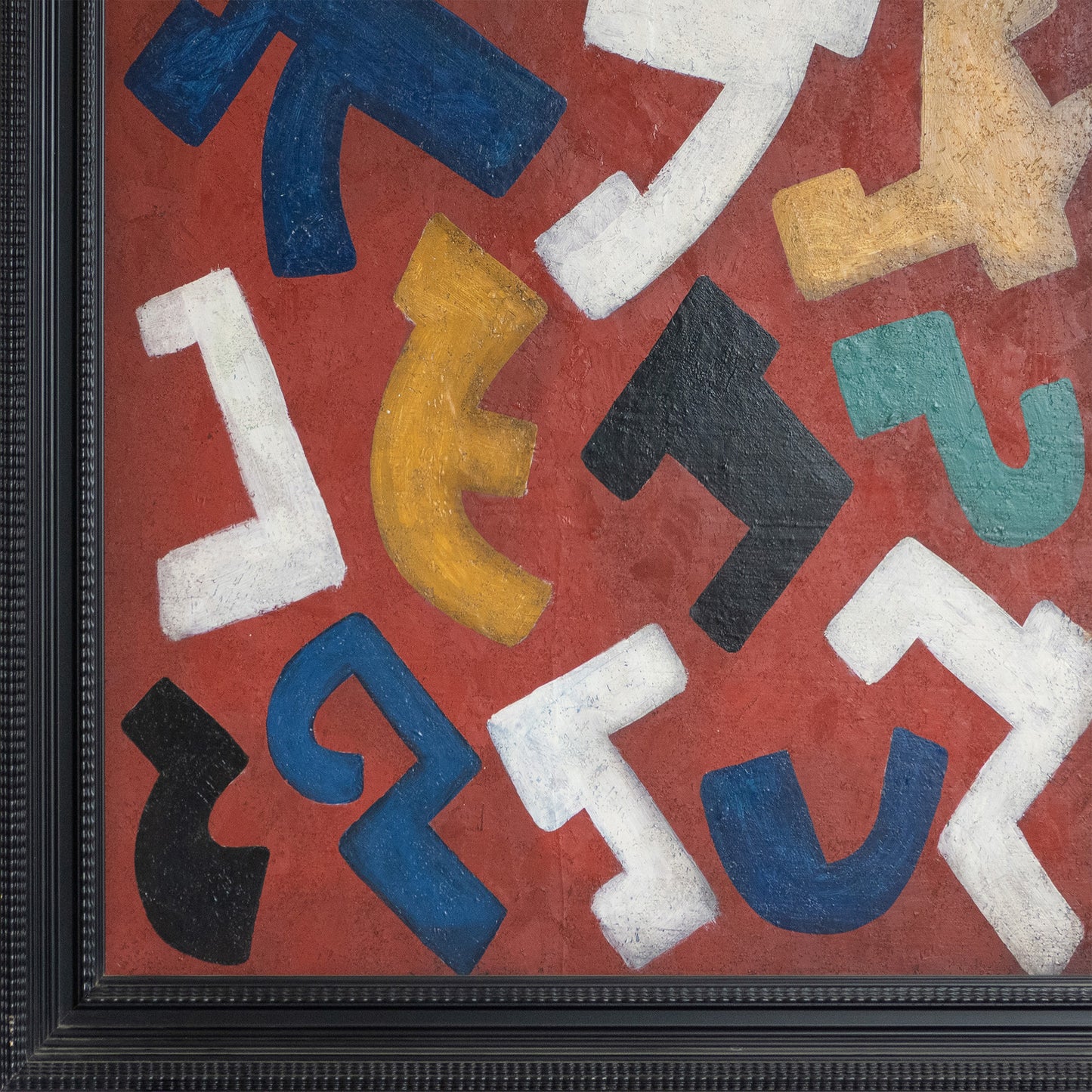 Constructive Rhythms on Red – Abstract Oil by Manuel Rufi Gibert (1931)
