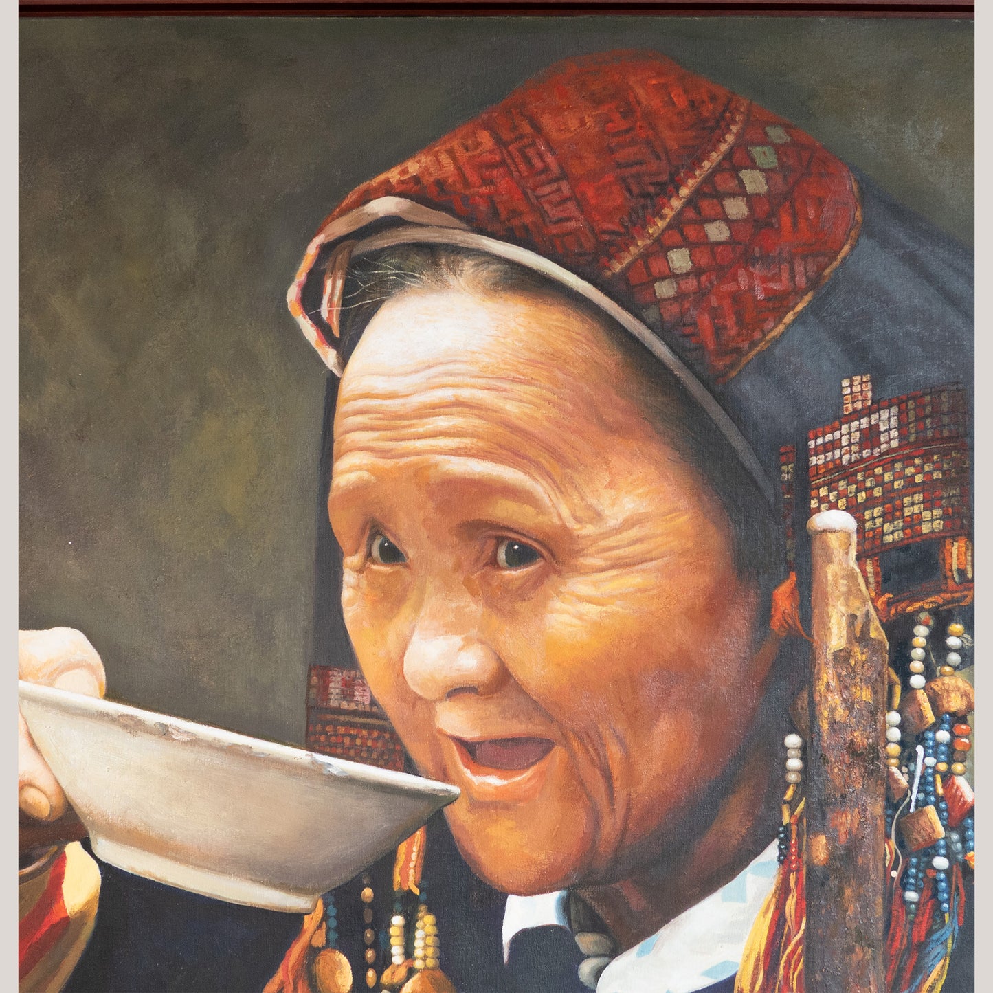 Portrait of a Tribal Woman Drinking Tea - Oil on Canvas