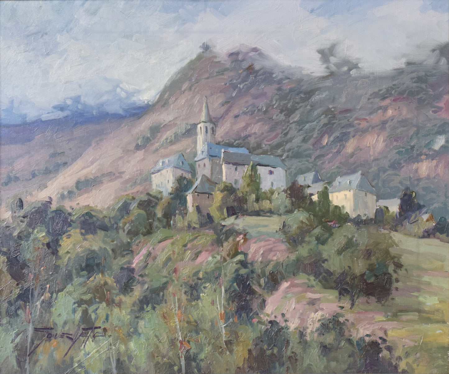 Vicente Gomez Fuste - Post Impressionist Village and Mountains - Modern Decorative