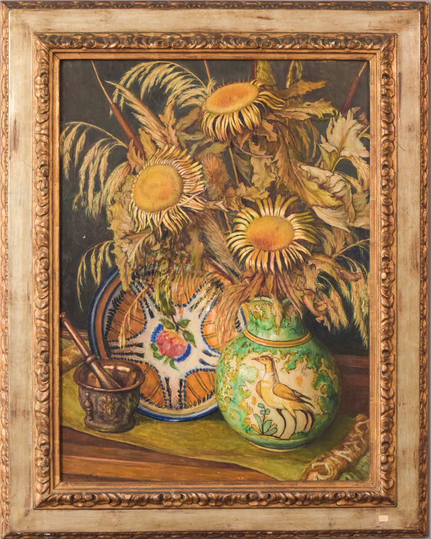 Magnificent Still Life - Sunflowers and Majolica Jug - Modern Decorative