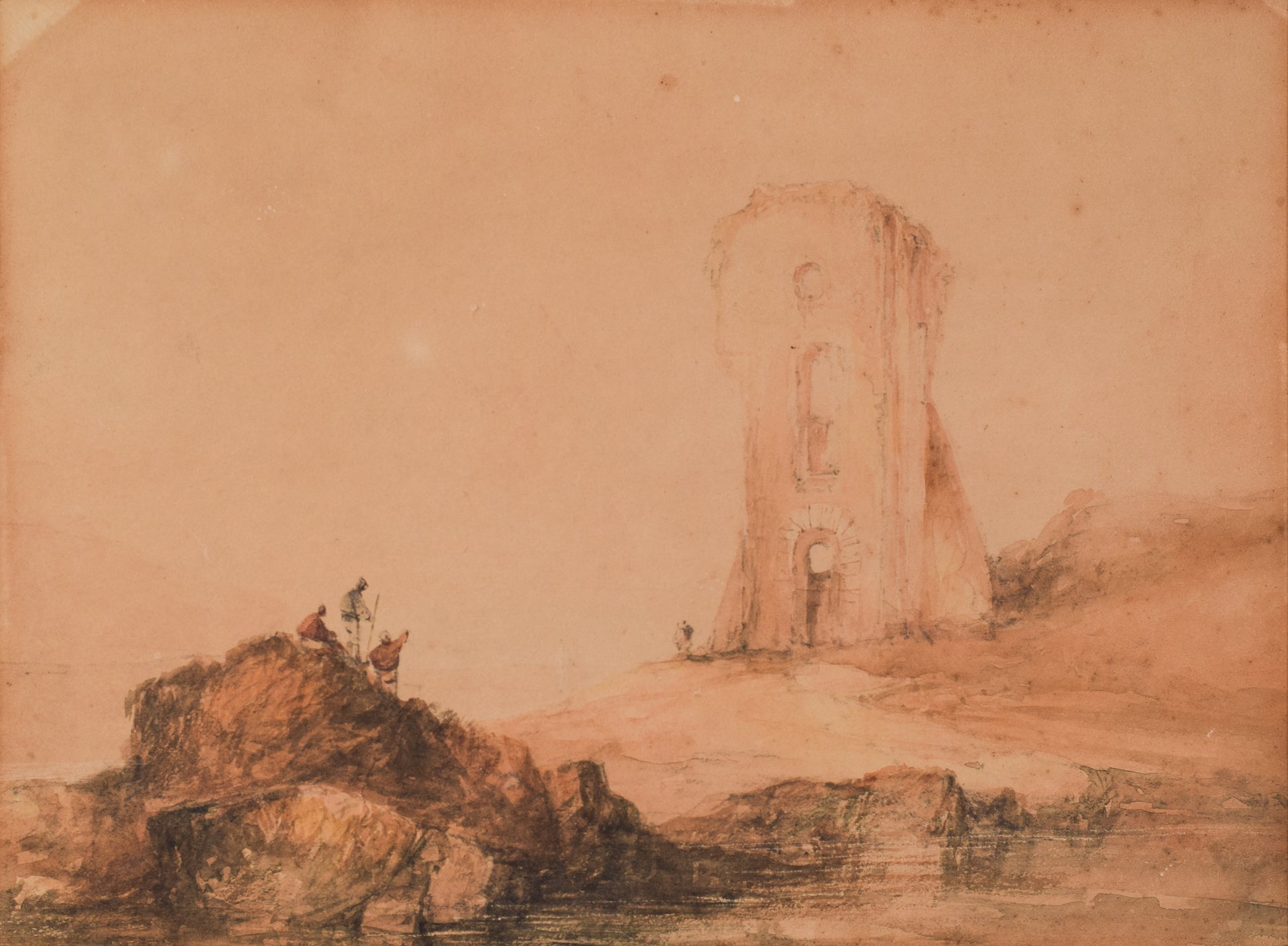 19th Century Watercolour - Figures and Tower - Modern Decorative