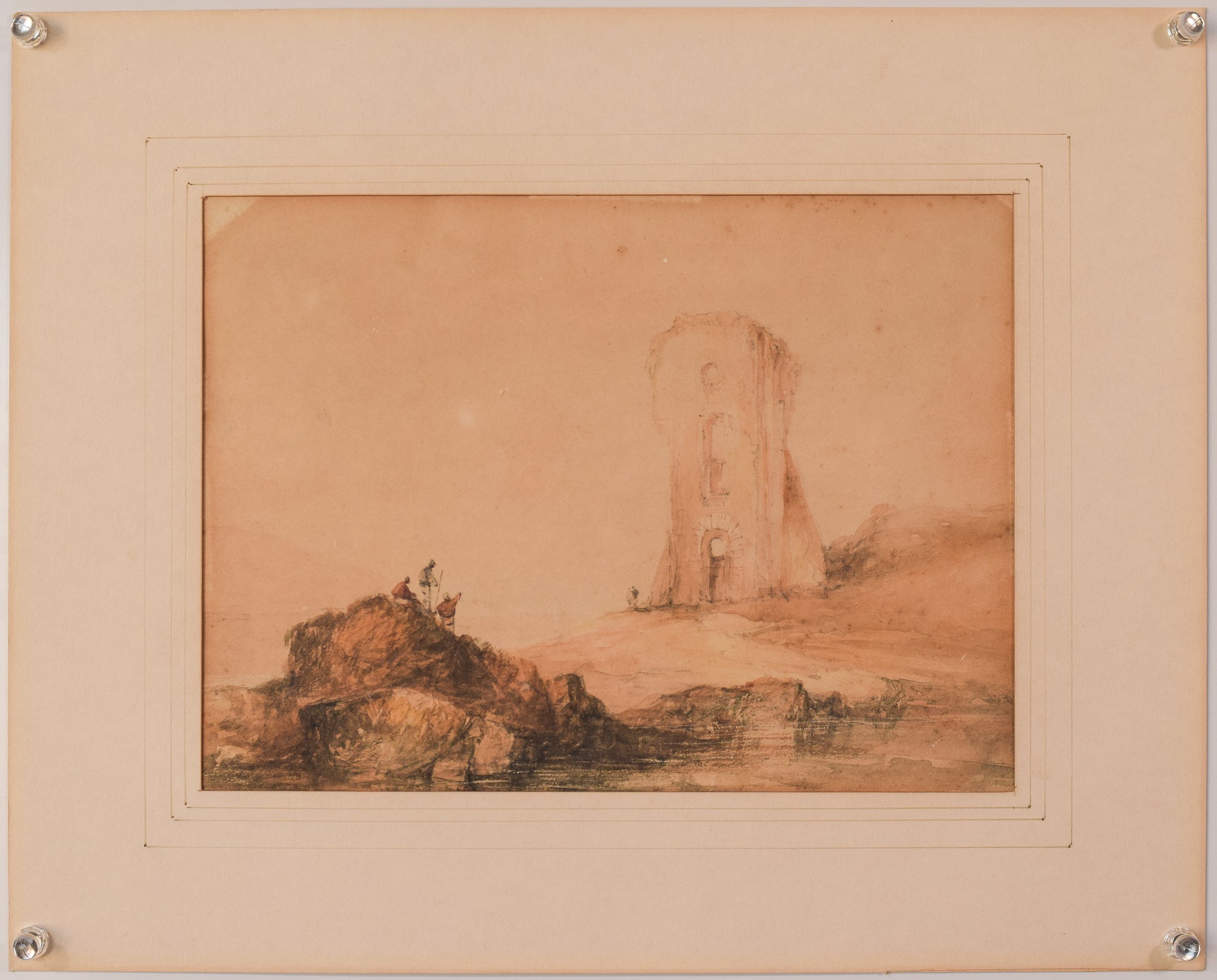 19th Century Watercolour - Figures and Tower - Modern Decorative