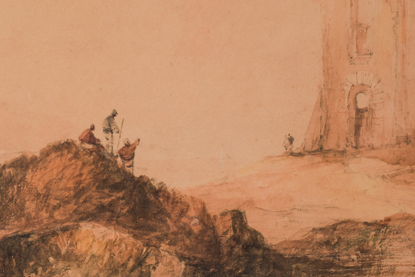 19th Century Watercolour - Figures and Tower - Modern Decorative