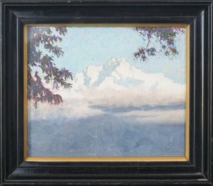 Framed Plein air painting of a mountain landscape