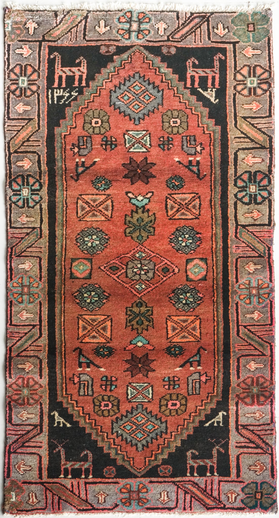 Unusual Signed Hand woven vintage rug - Tribal with animal motifs - Modern Decorative