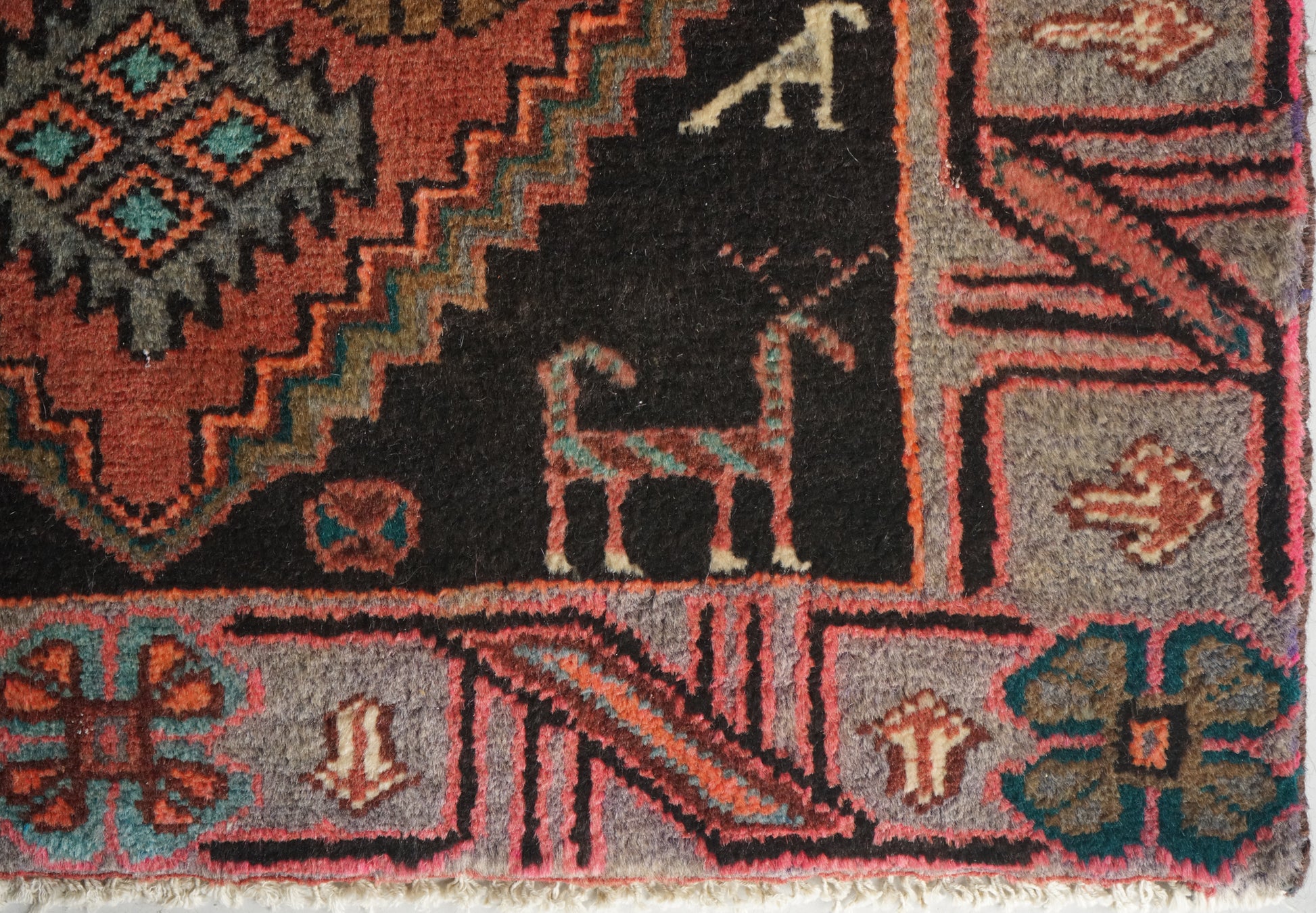 Unusual Signed Hand woven vintage rug - Tribal with animal motifs - Modern Decorative