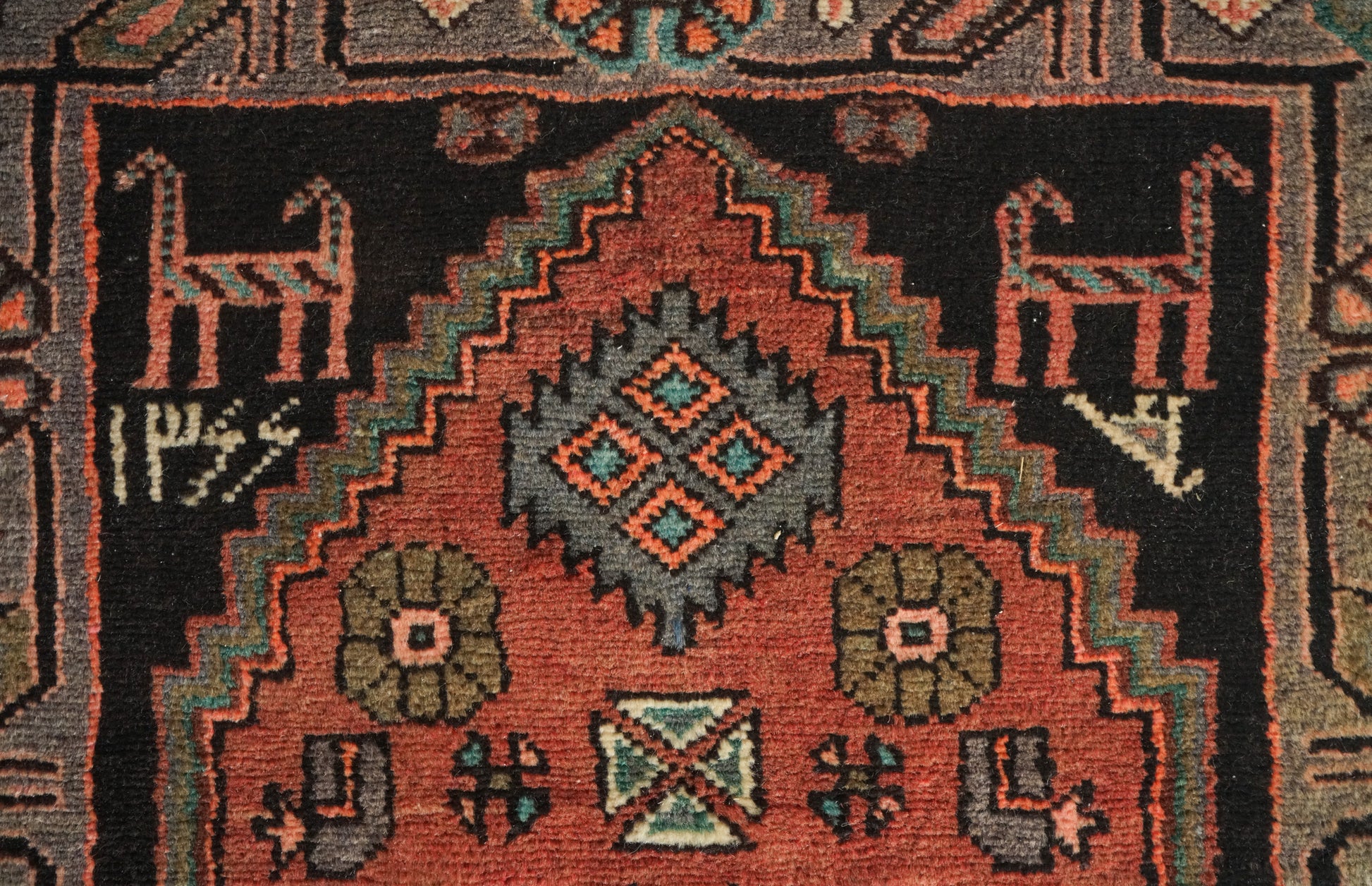 Unusual Signed Hand woven vintage rug - Tribal with animal motifs - Modern Decorative