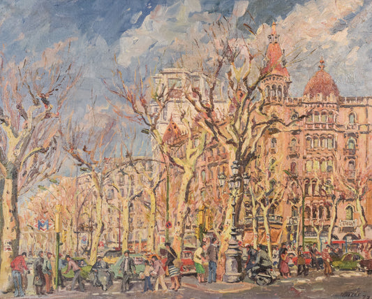Barcelona Street Scene, 'Passeig de Gràcia. Plaça de Catalunya' - Oil on Canvas - Modern Decorative