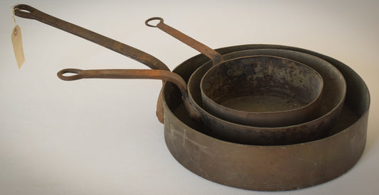Set of three - Antique Copper and Iron Handled Saucepans - Modern Decorative