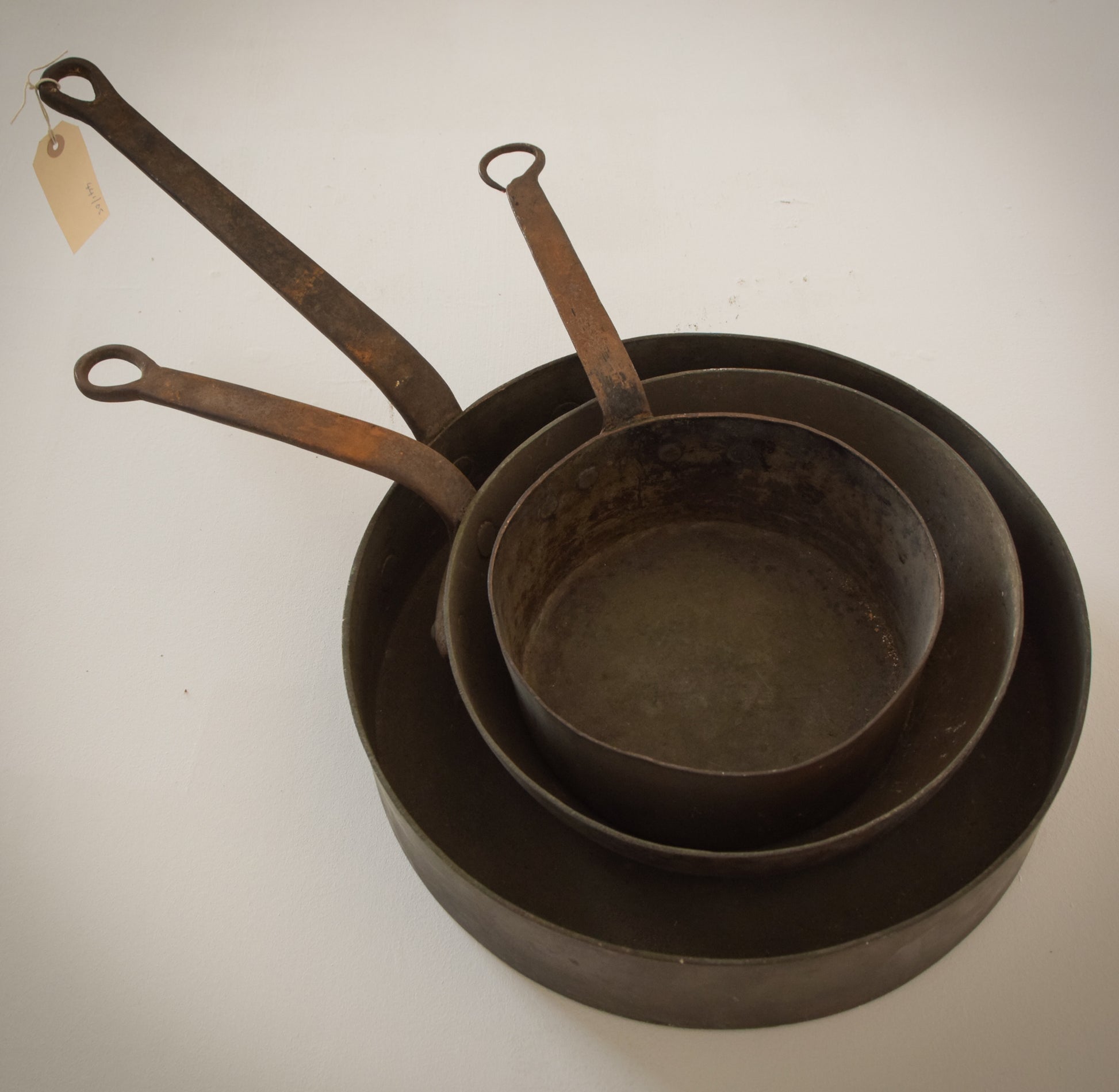 Set of three - Antique Copper and Iron Handled Saucepans - Modern Decorative