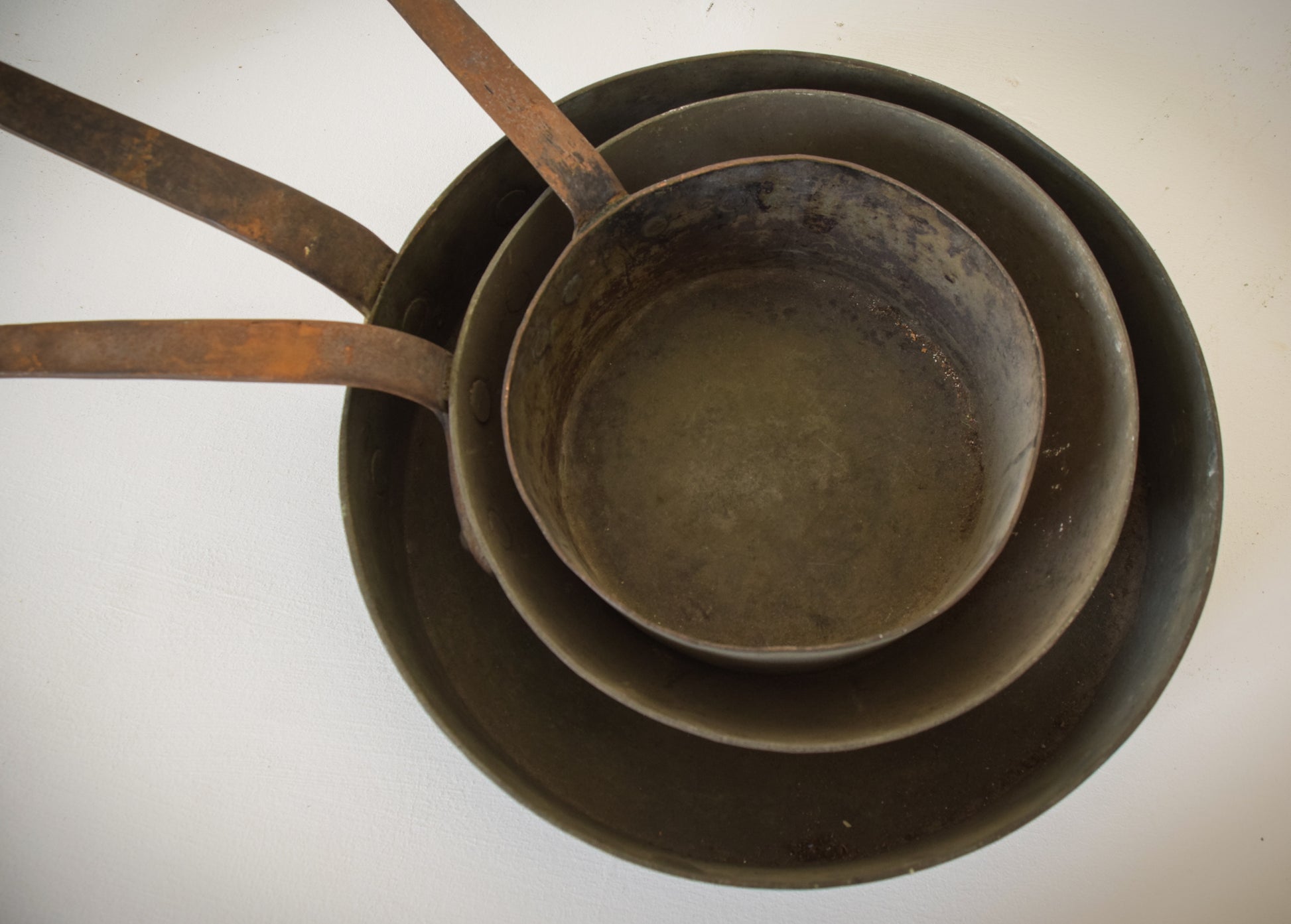 Set of three - Antique Copper and Iron Handled Saucepans - Modern Decorative