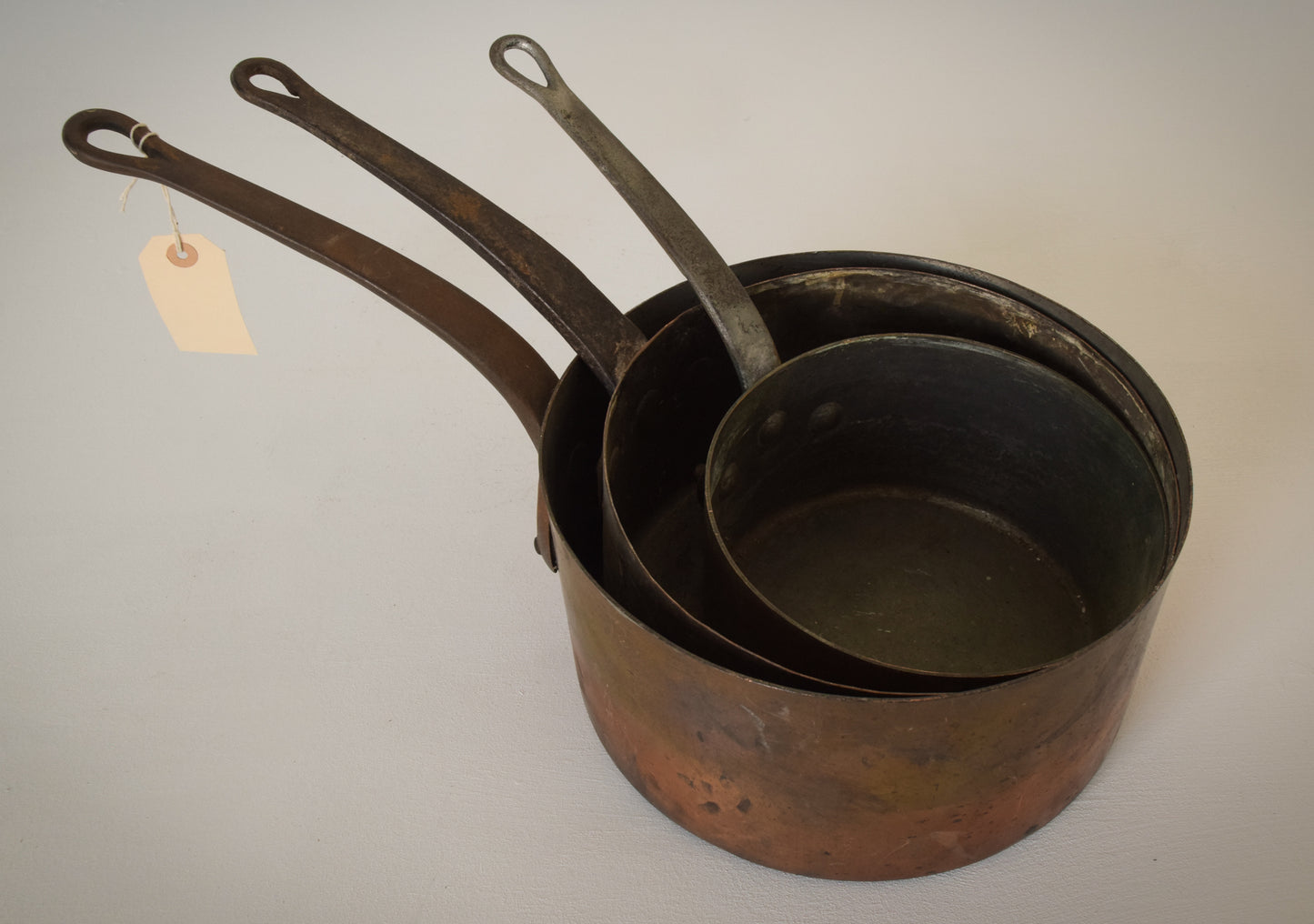 Set of three - Antique Copper Saucepans - Modern Decorative