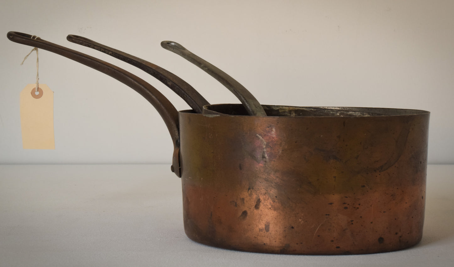 Set of three - Antique Copper Saucepans - Modern Decorative