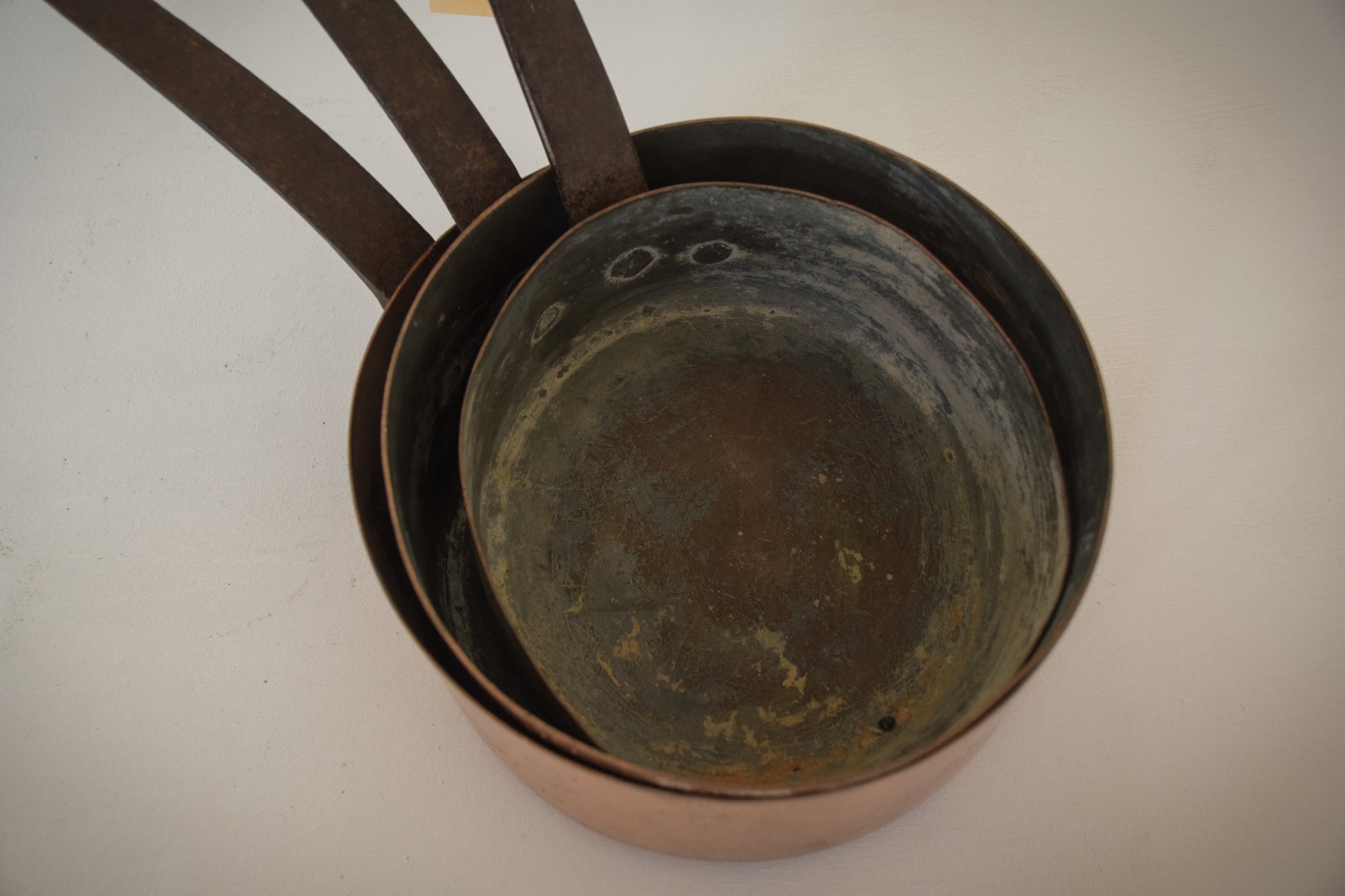 Set of three - Copper and Iron Handled Saucepans - Modern Decorative