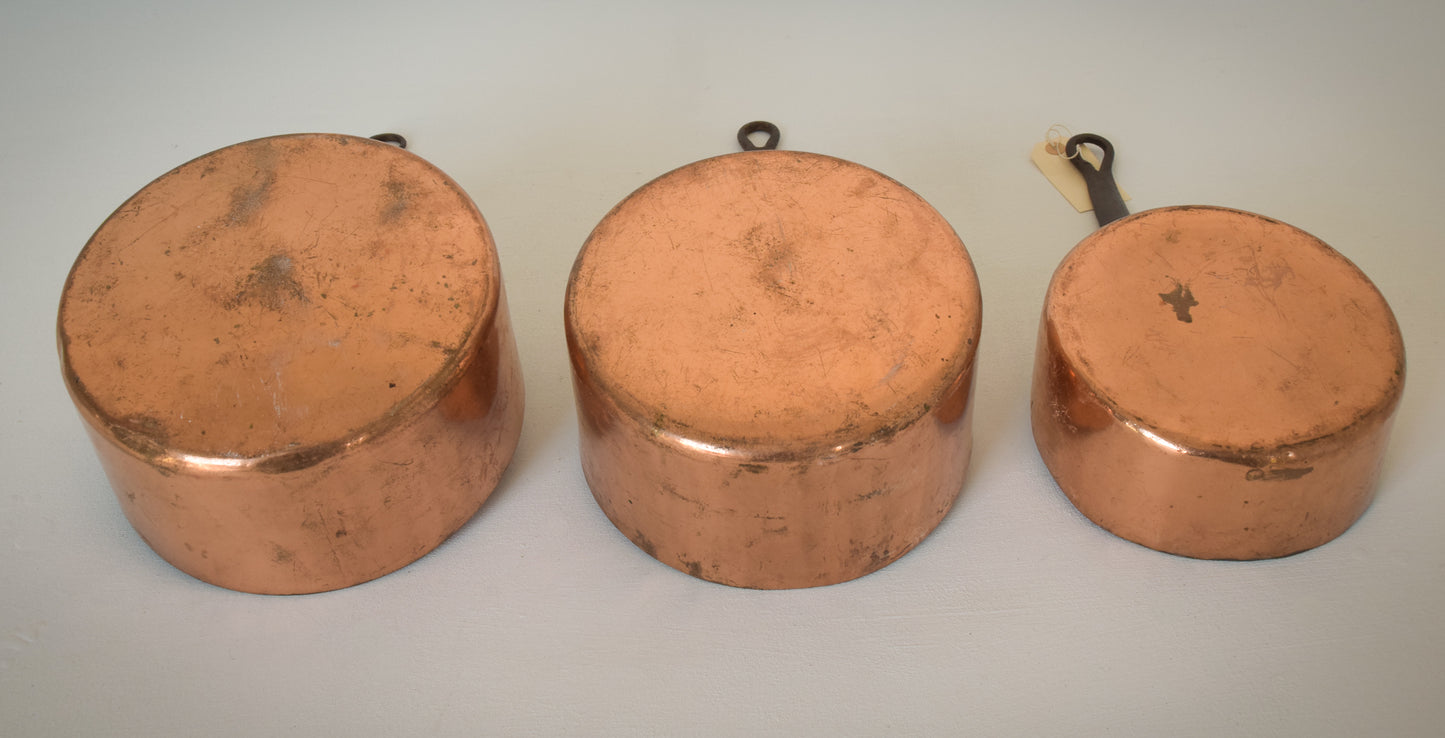 Set of three - Copper and Iron Handled Saucepans